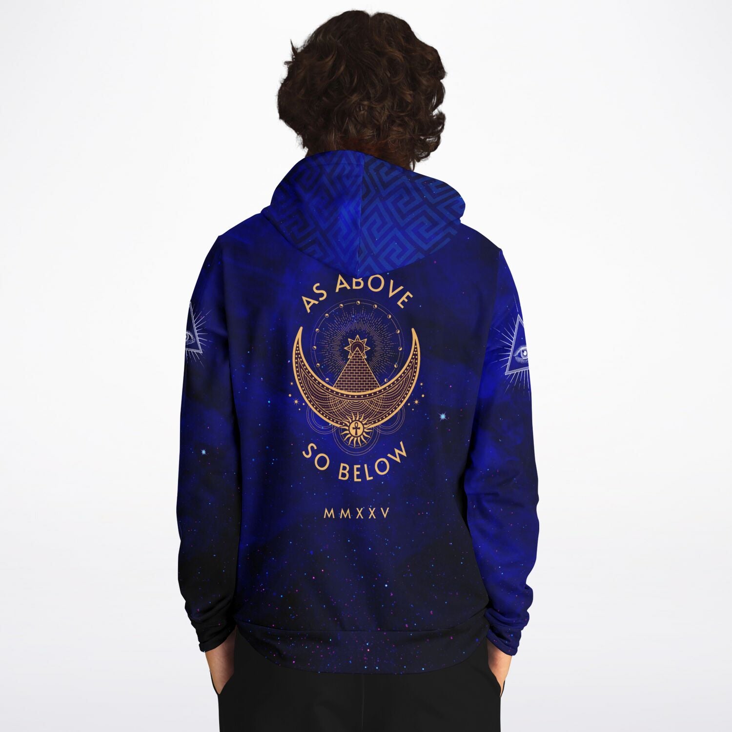 Elivior's fashion hoodie features a crescent moon alongside the Eye of Providence, incorporating Illuminati and Masonic symbols, making it a popular choice for celebrity streetwear.