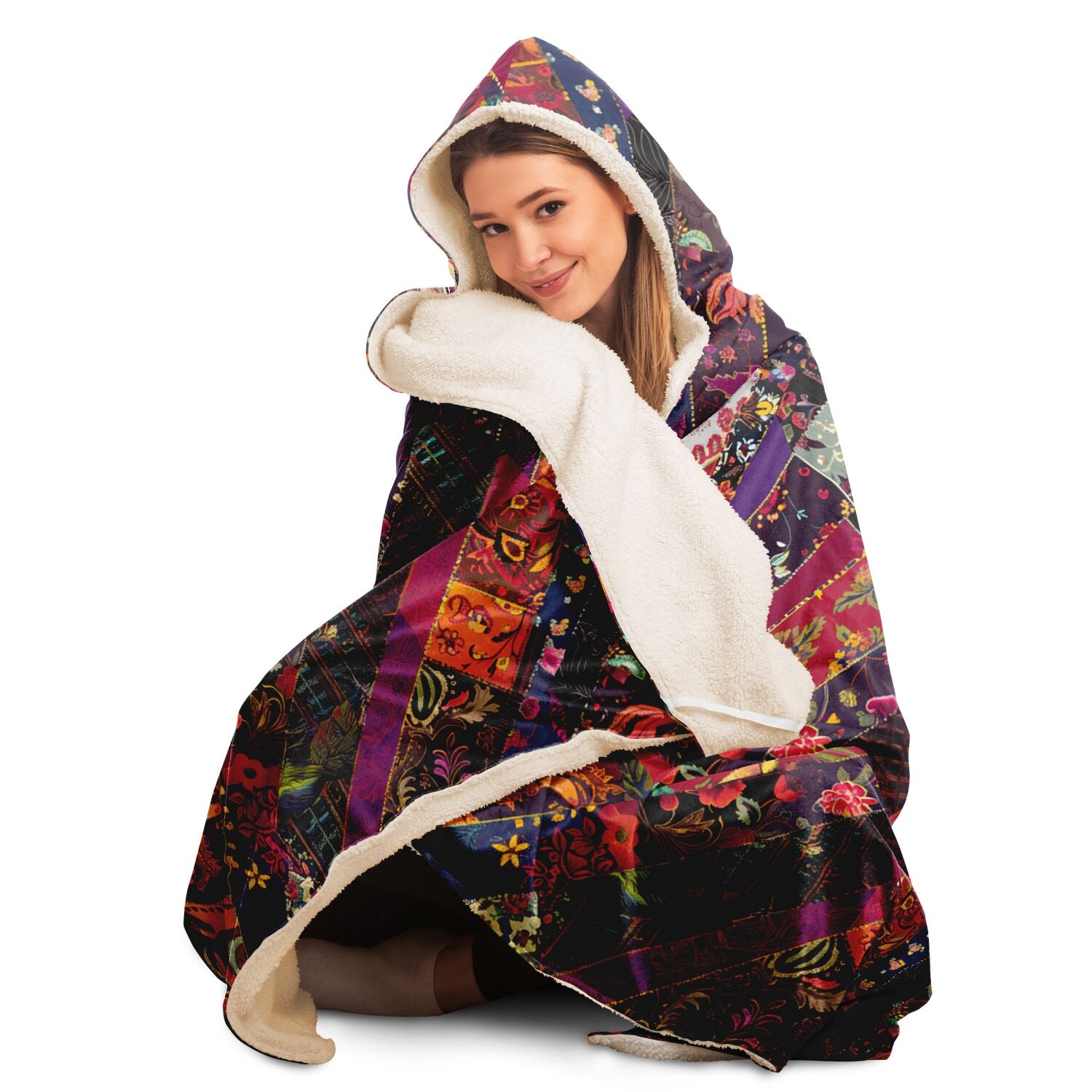 Blanket hoodie with Boho patchwork print
