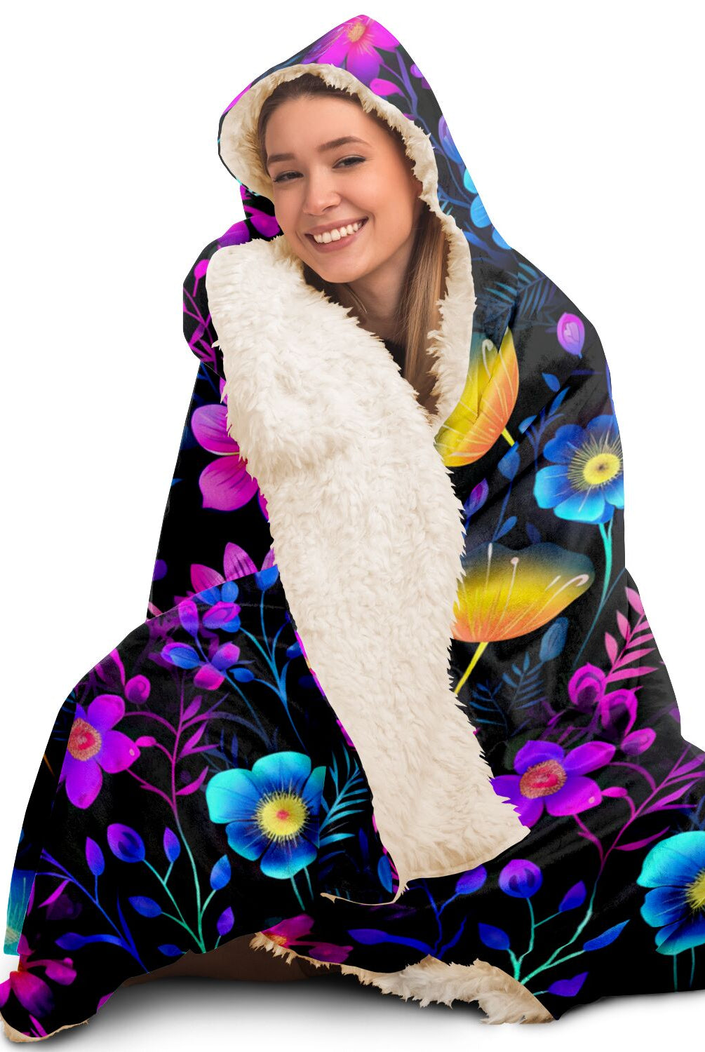 hooded blanket with neon wildflowers print