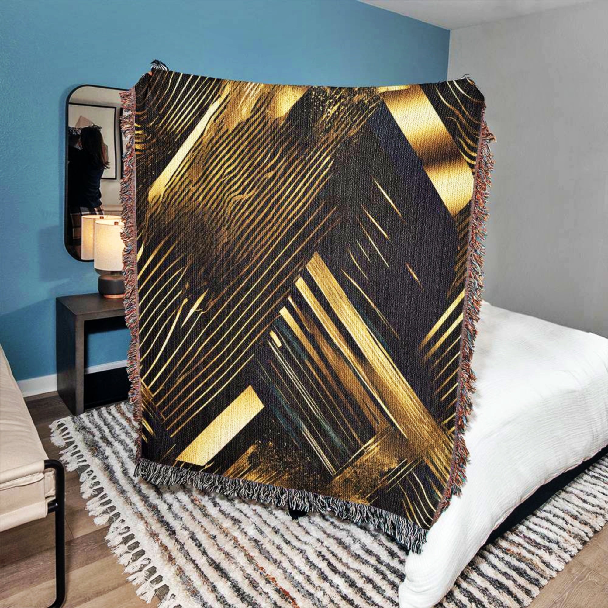 Abstract Black and Gold Woven Blanket Throw