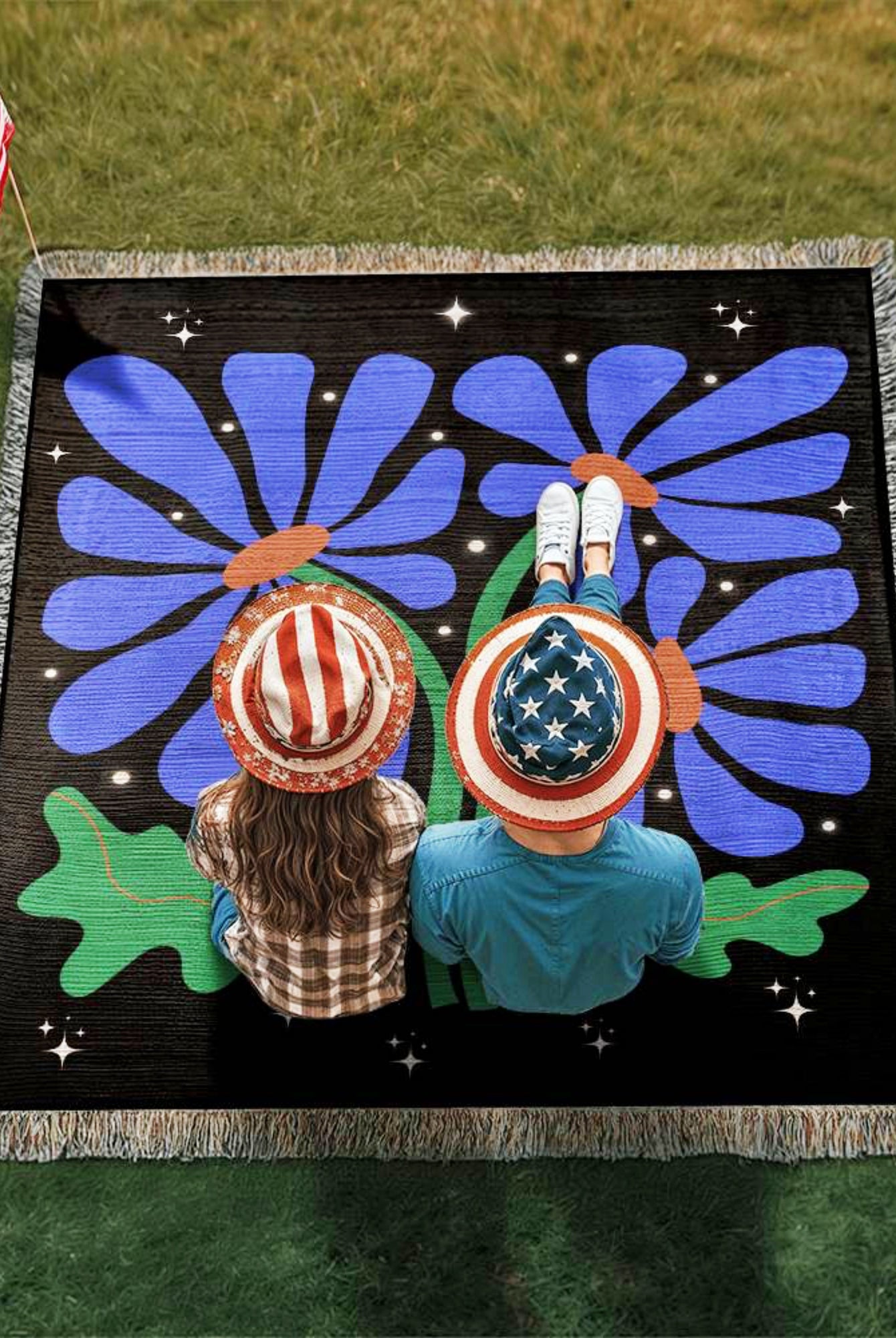 Abstract Daisy Retro Vintage Woven Picnic Blanket Throw