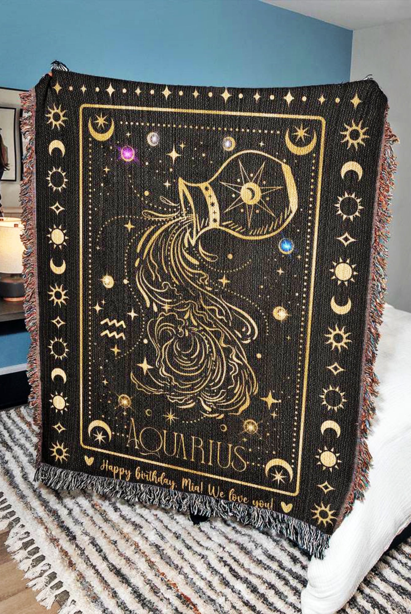 Personalized Aquarius Birthday Gift Woven Throw Blanket