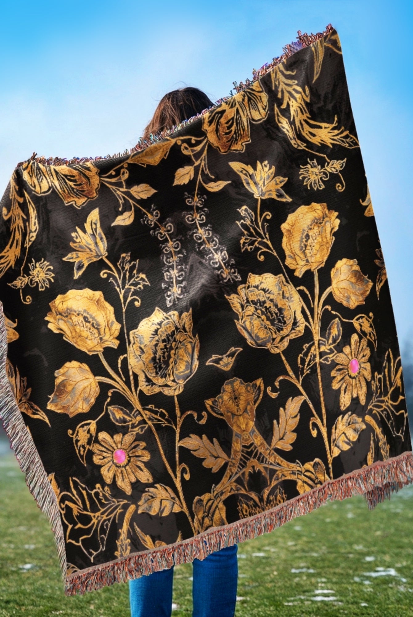 Luxury Black Gold Boho Floral Woven Cotton Blanket Throw