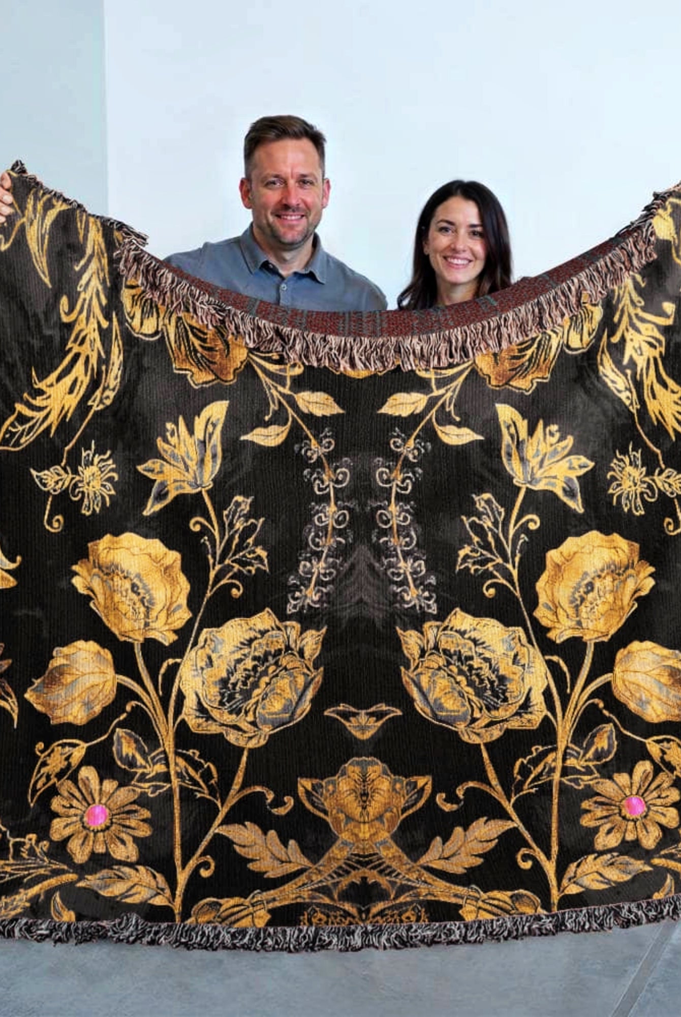 Luxury Black Gold Boho Floral Woven Cotton Blanket Throw