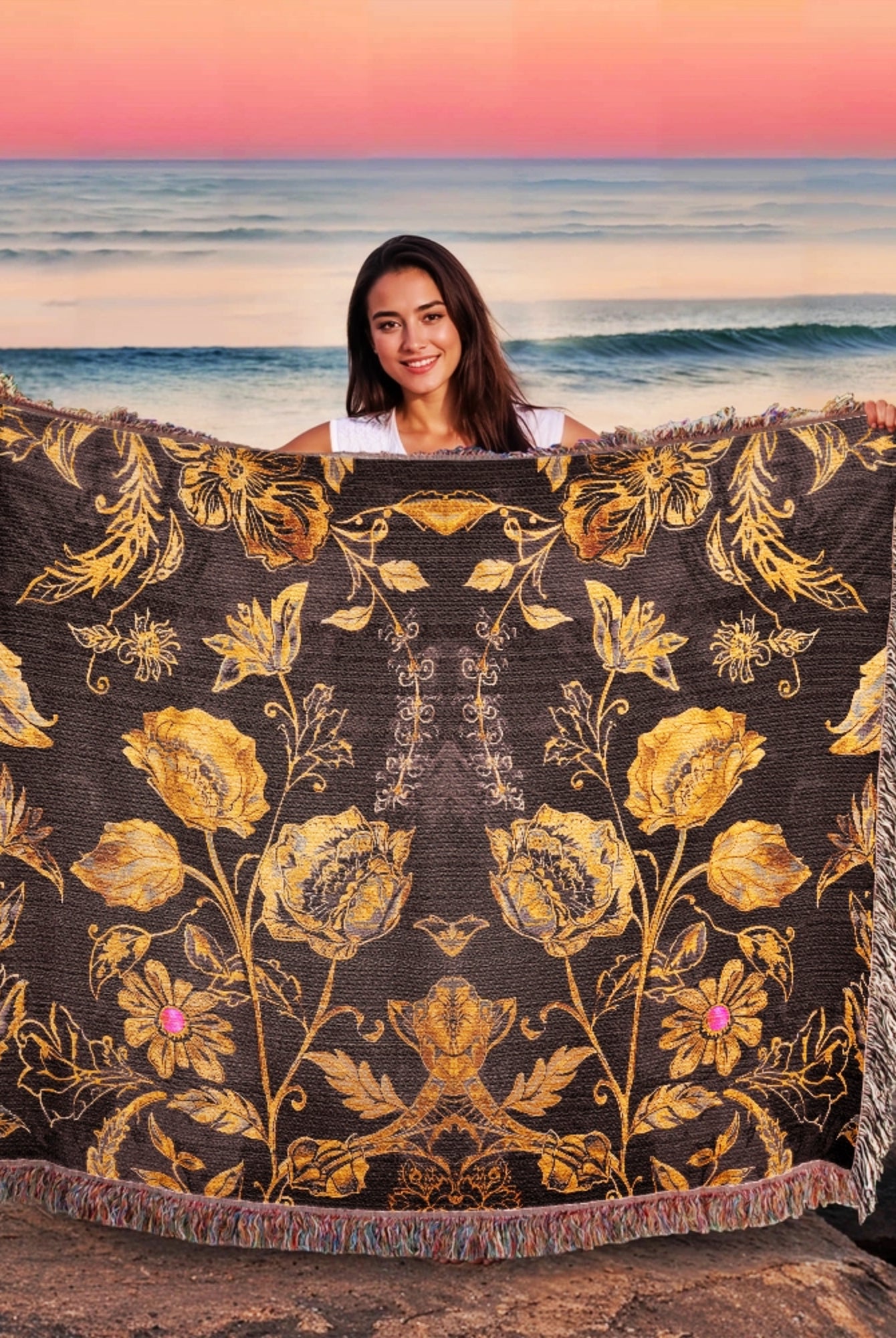 Luxury Boho Floral Woven Cotton Blanket Throw