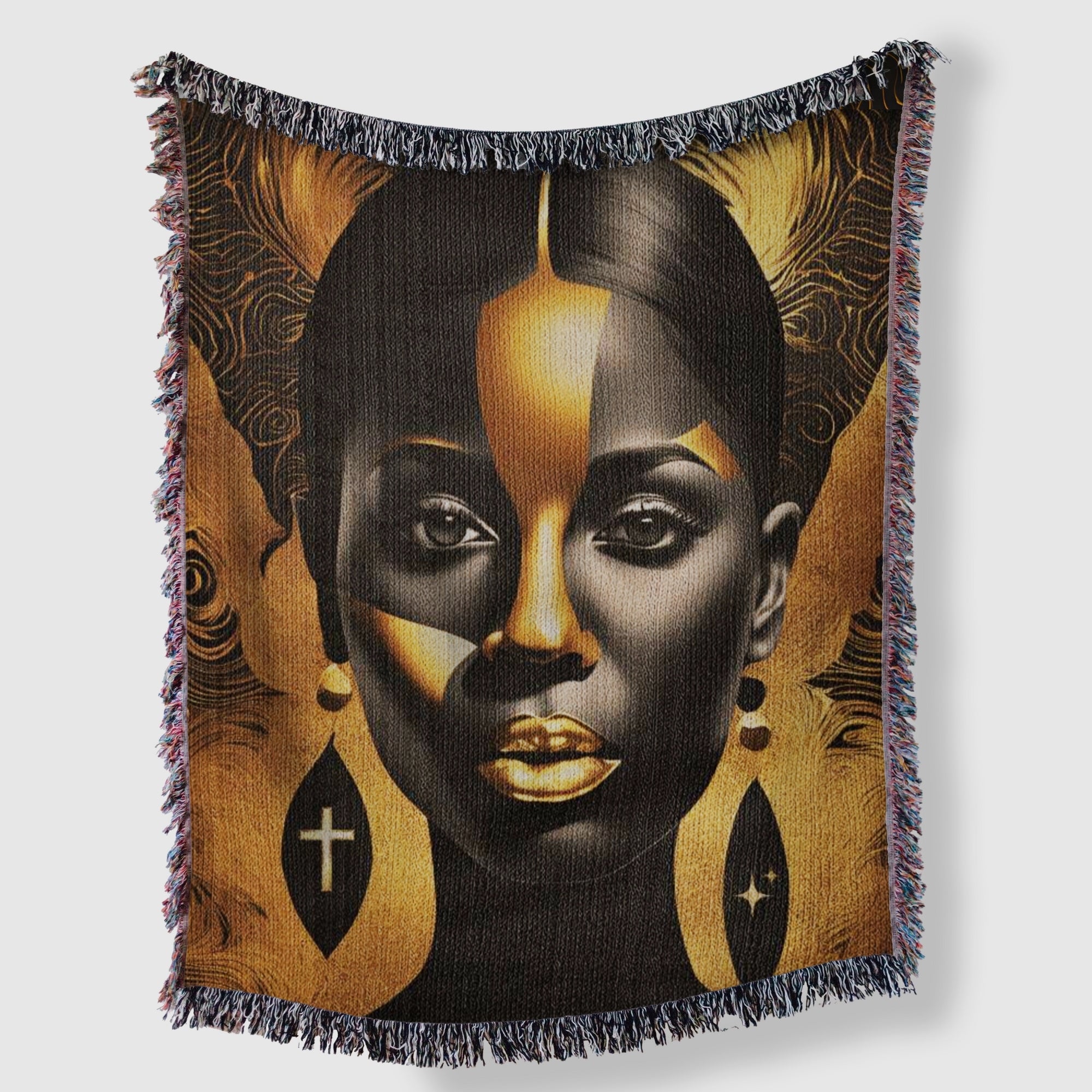 Abstract Black Woman Art Black and Gold Woven Tapestry