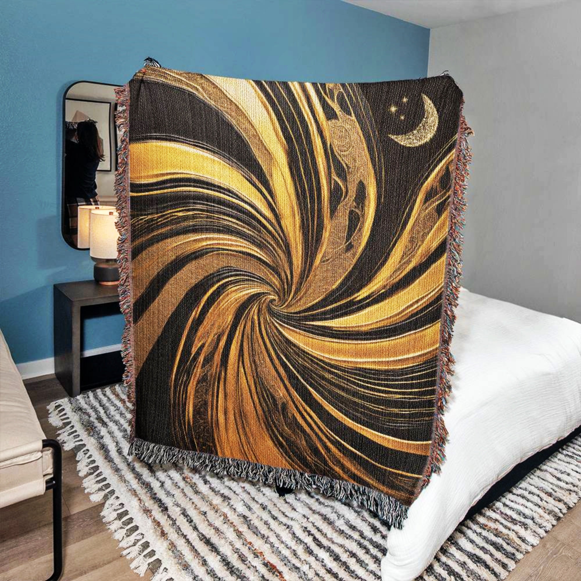 Abstract Black and Gold Moon Woven Throw Blanket