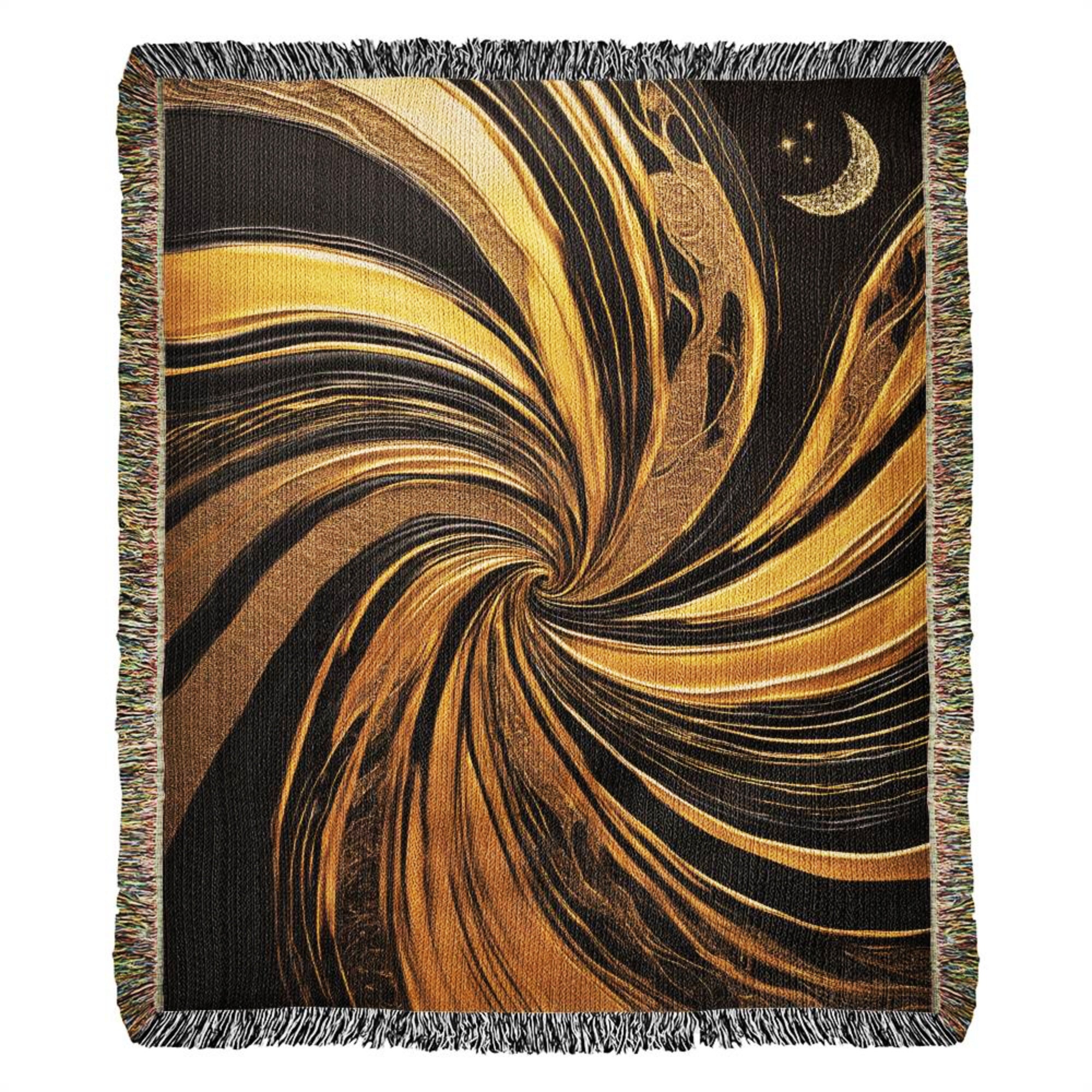 Abstract Black and Gold Moon Woven Tapestry Blanket