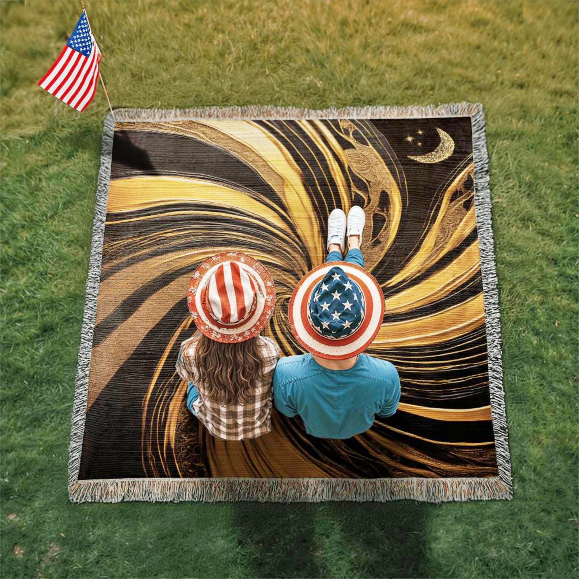 Abstract Black and Gold Moon Woven Picnic Blanket