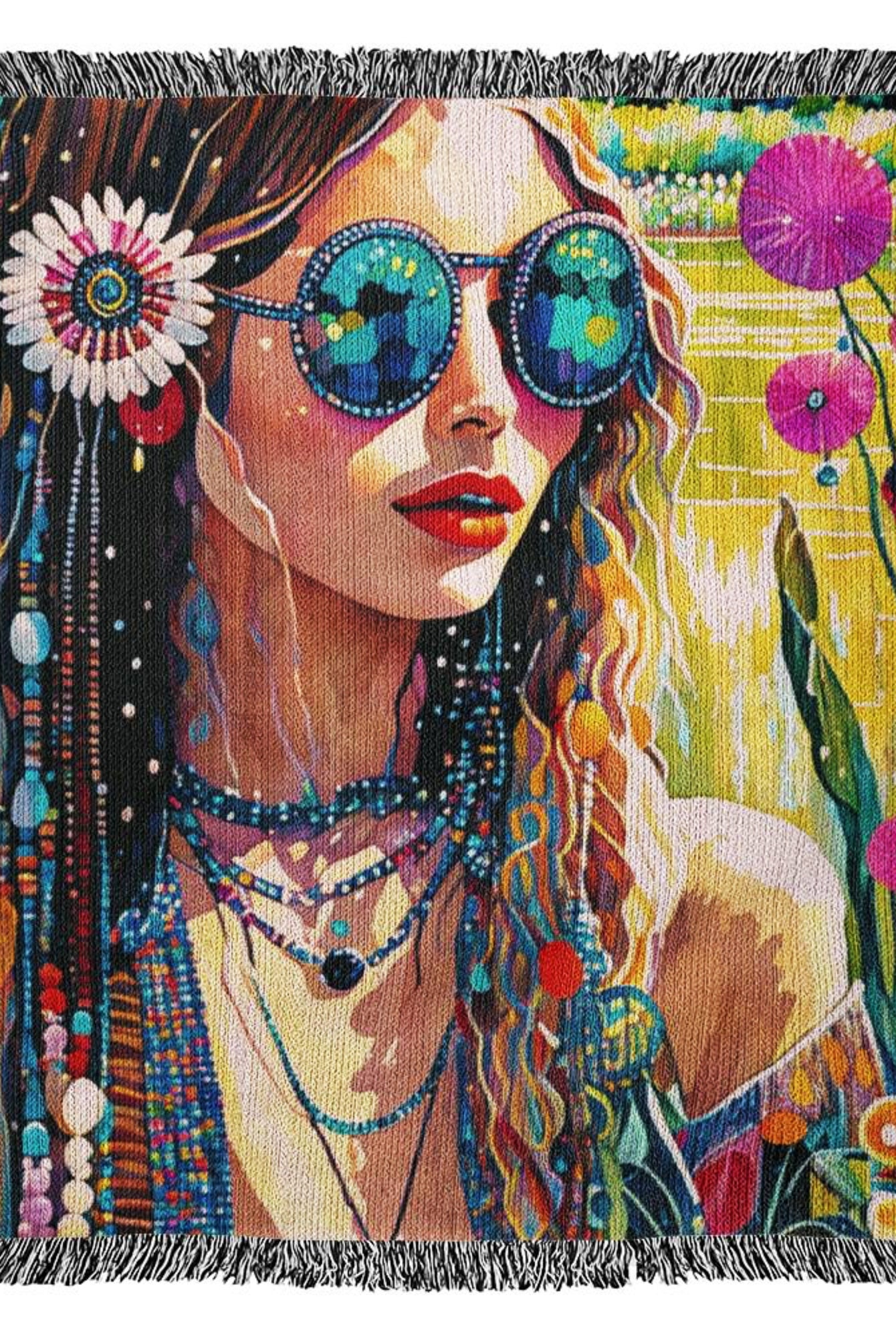 Bohemian Woman Art Cotton Woven Throw Blanket