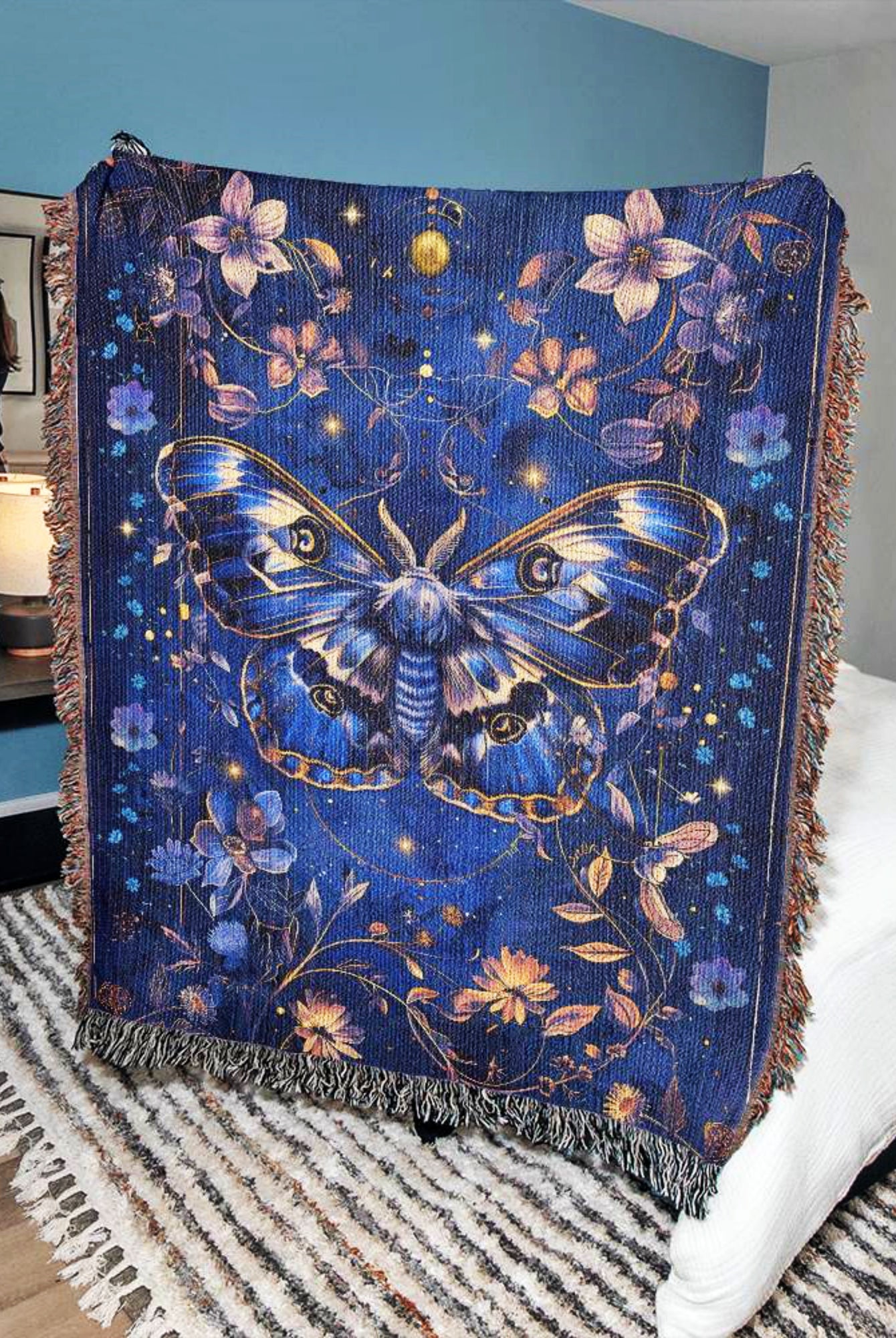 Vintage Celestial Moth Woven Throw Blanket