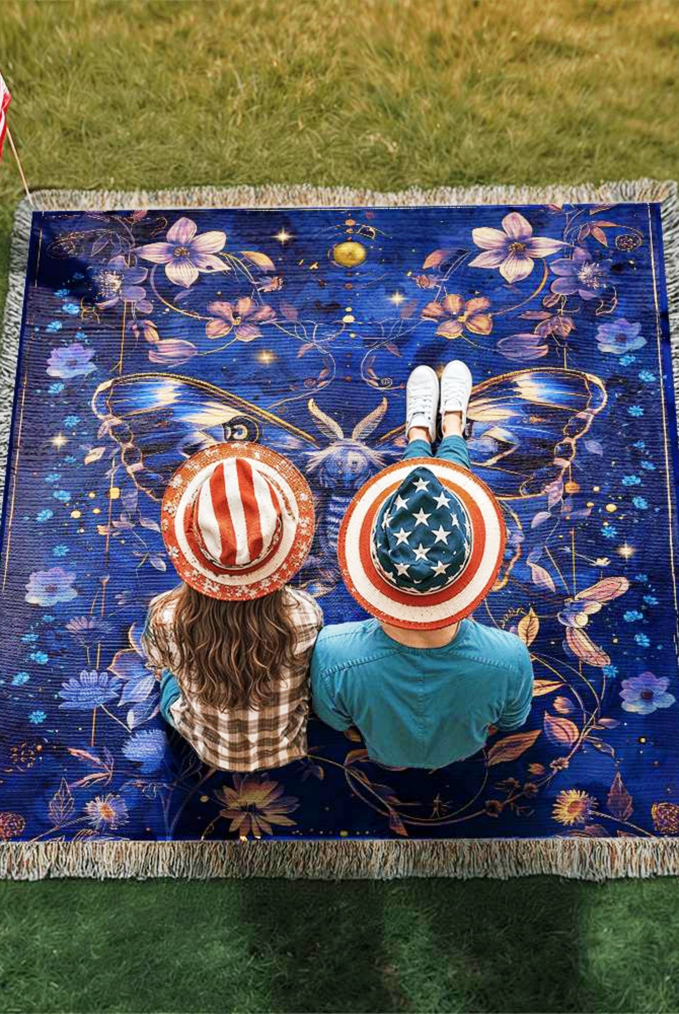 Vintage Celestial Moth Woven Throw Picnic Blanket
