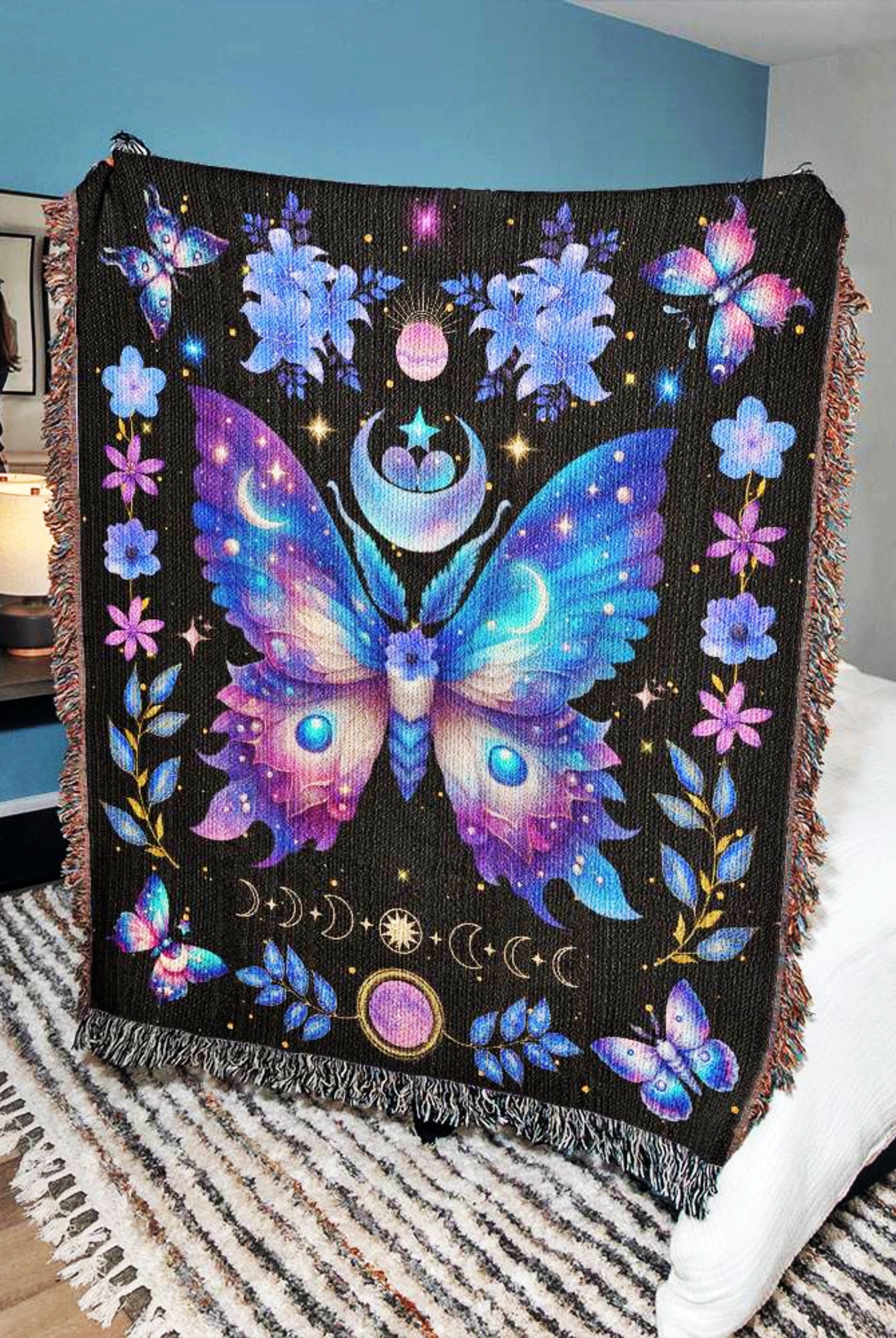 Celestial Moth Floral Woven Throw Blanket