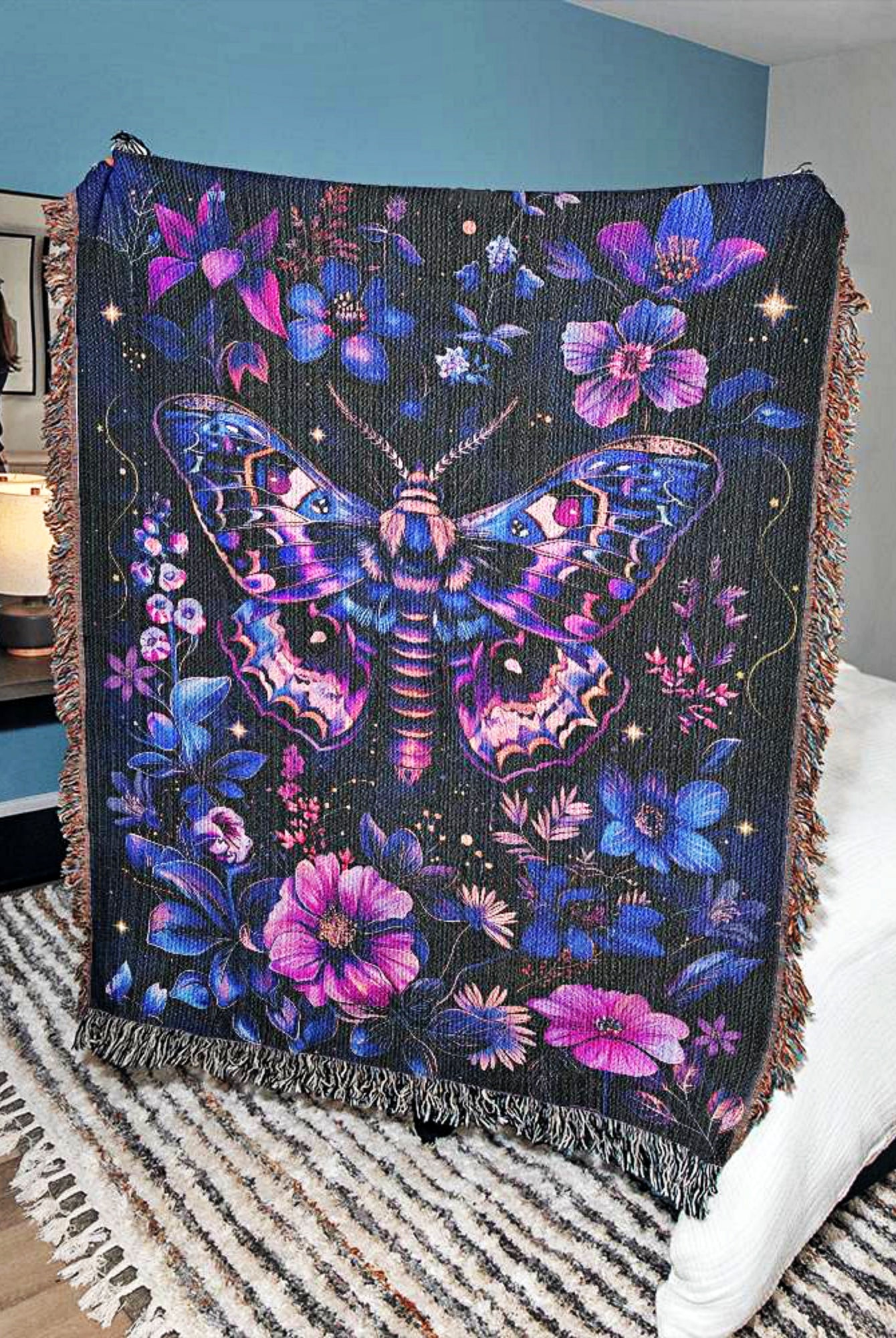 Celestial Moth Floral Woven Throw Blanket