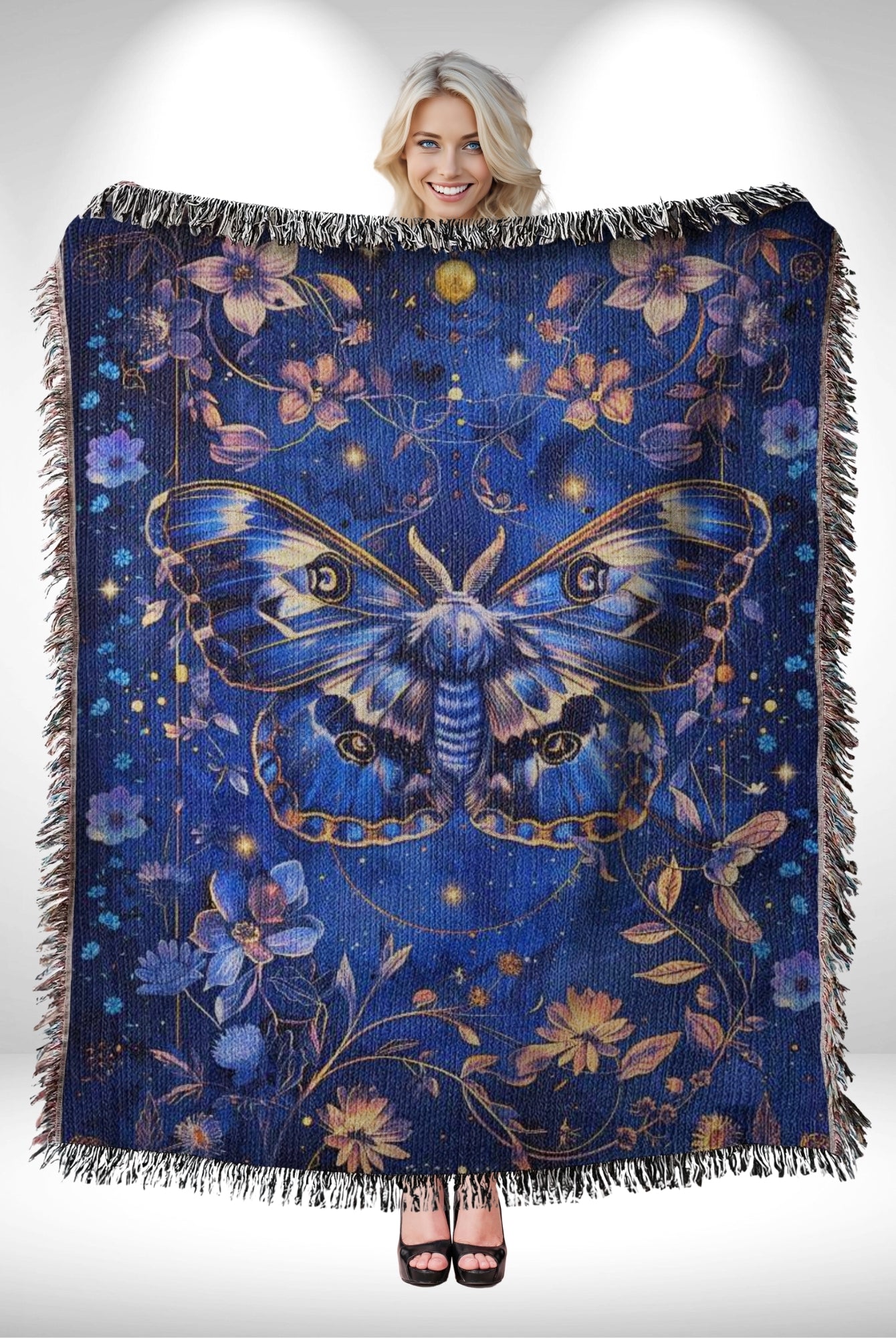 Vintage Celestial Moth Woven Throw Blanket