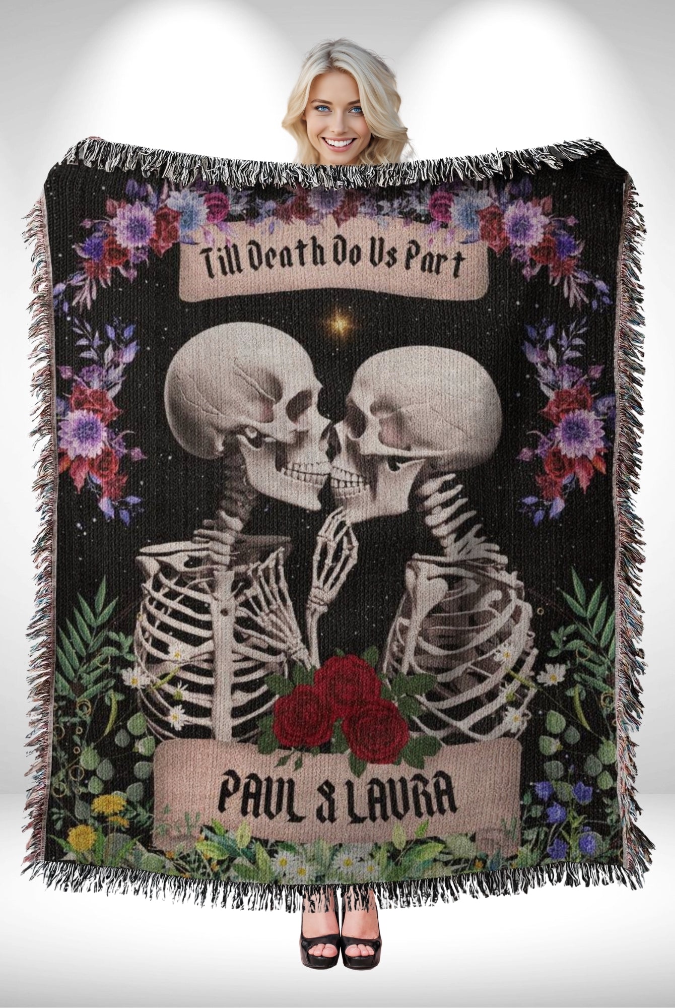 Custom Goth Wedding Skeletons Woven Blanket