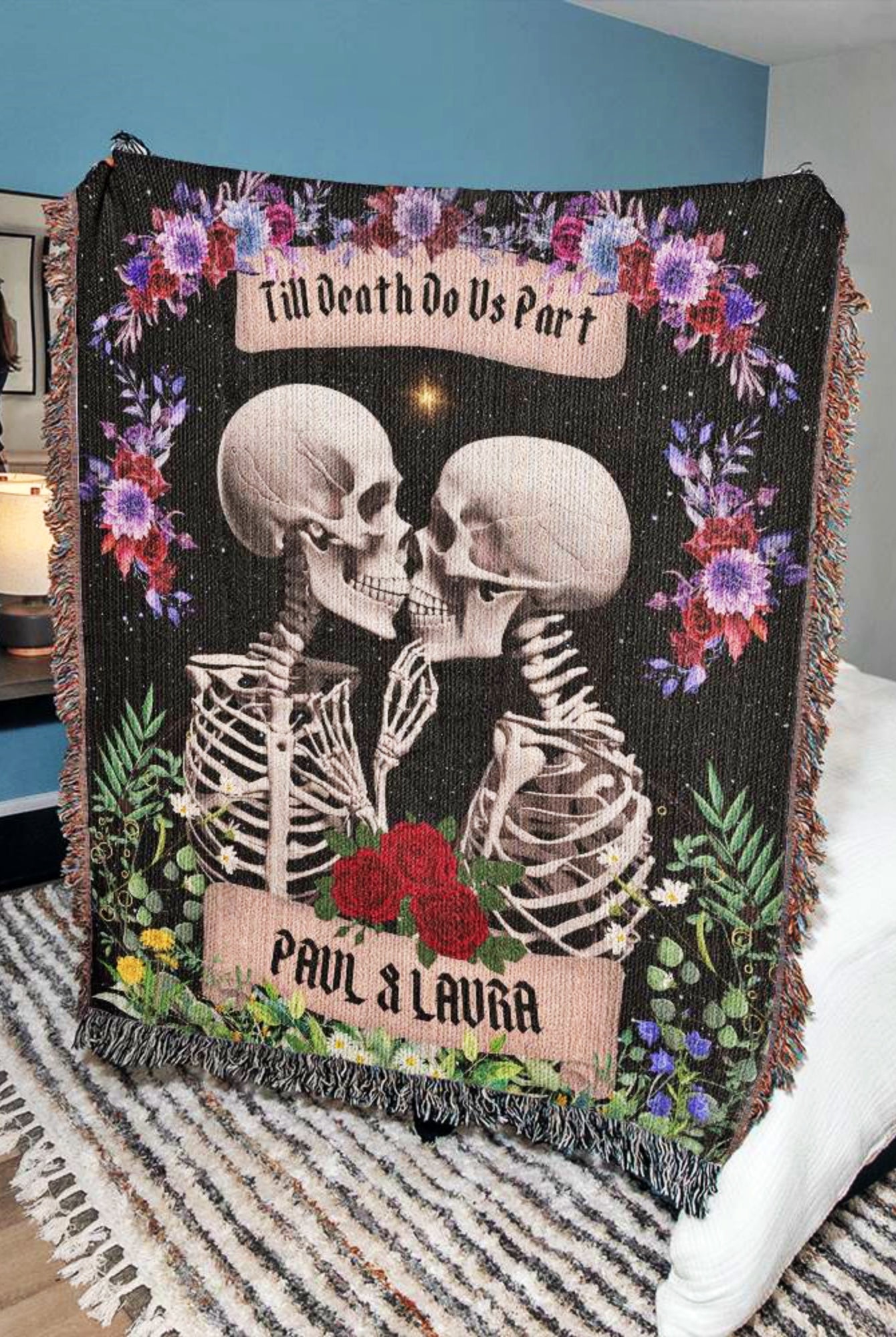 Custom Goth Wedding Skeleton Woven Blanket