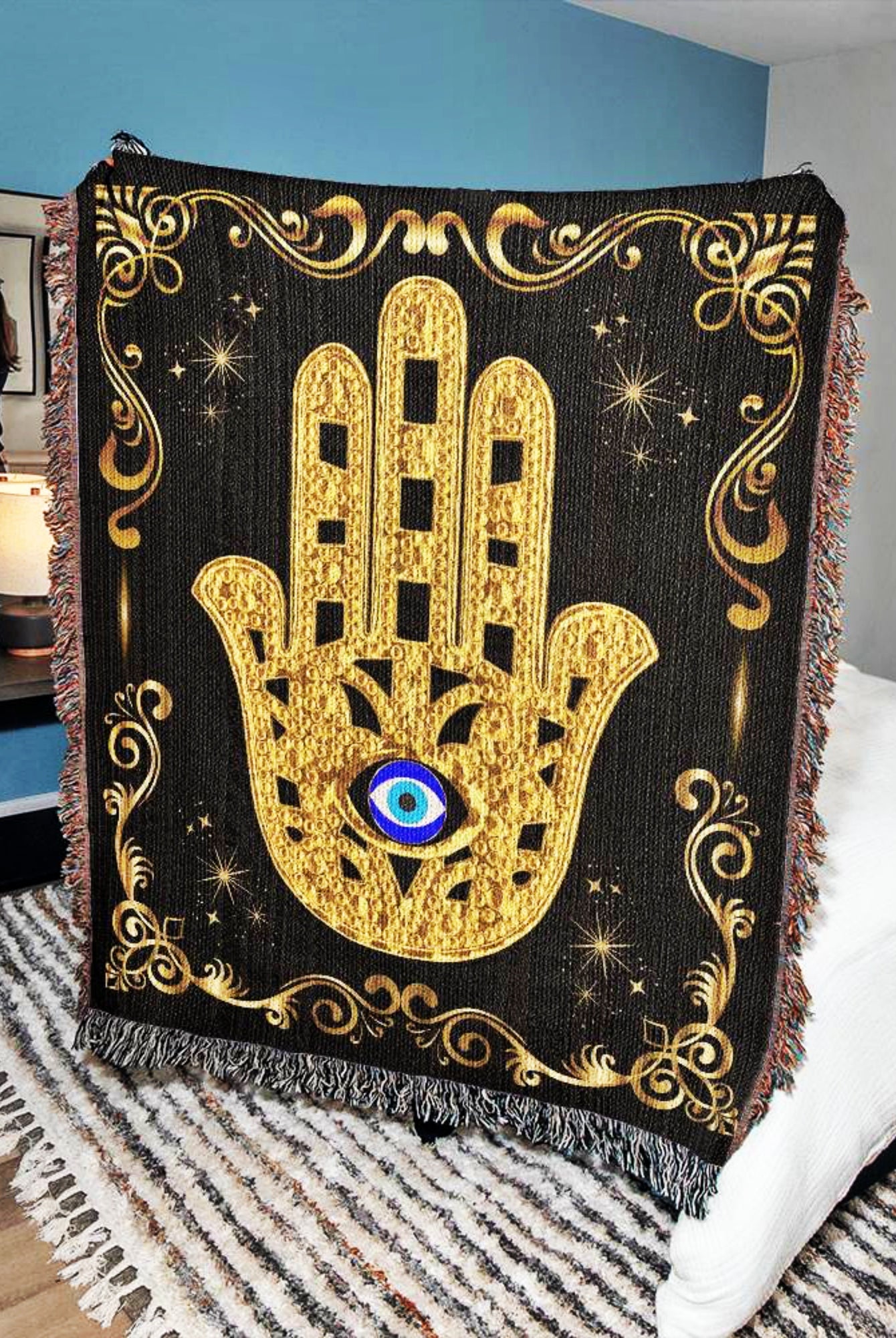 Hamsa Evil Eye Woven Blanket Throw