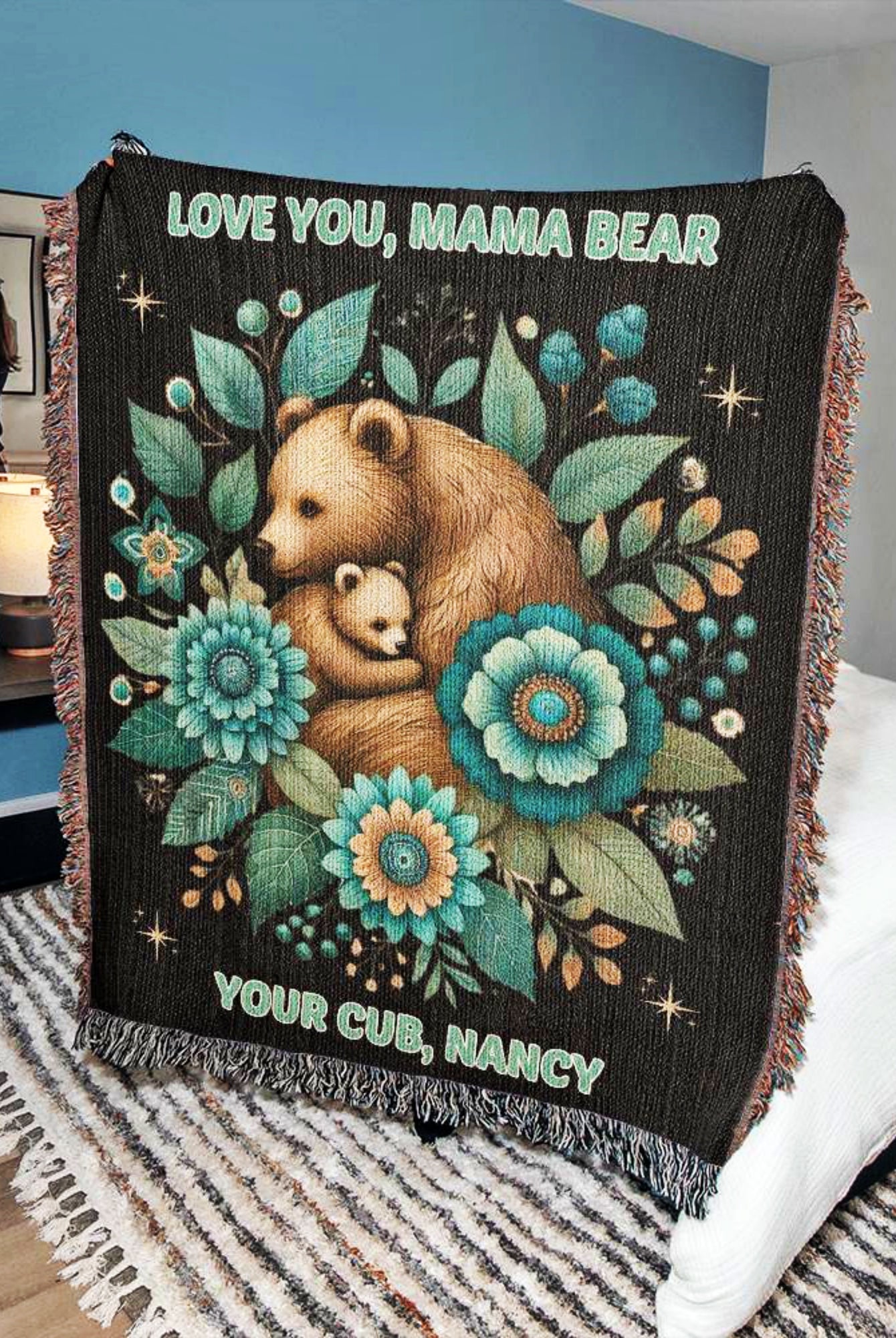 Mama Bear Woven Boho Blanket Gift for Mom Birthday