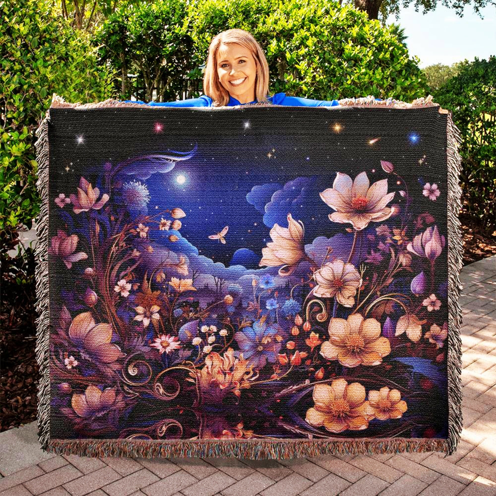 Mystical Moonlit Flowers Woven Blanket