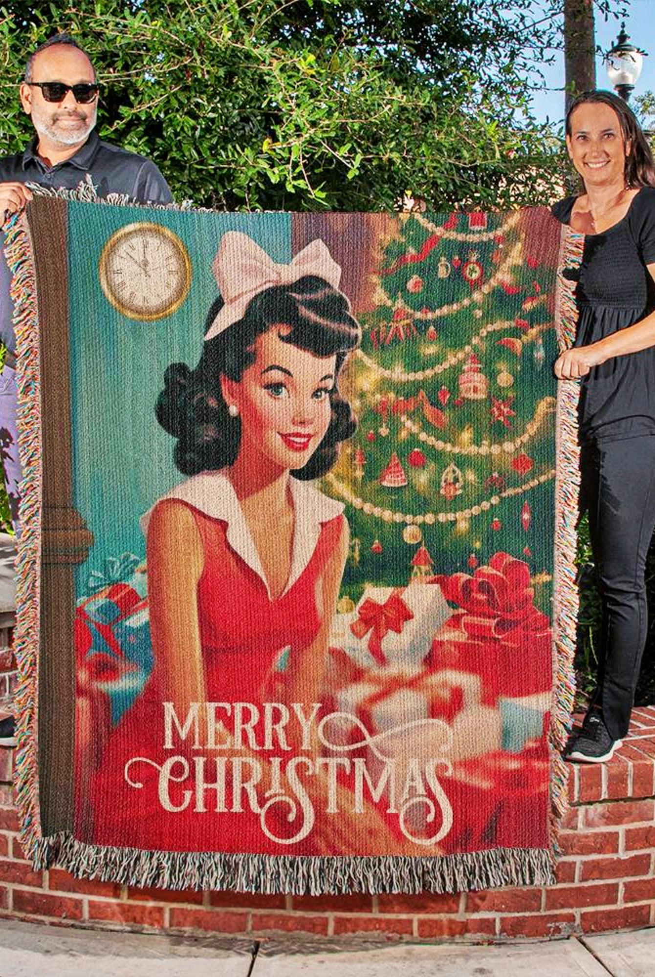 Vintage Christmas Woman Woven Throw Blanket