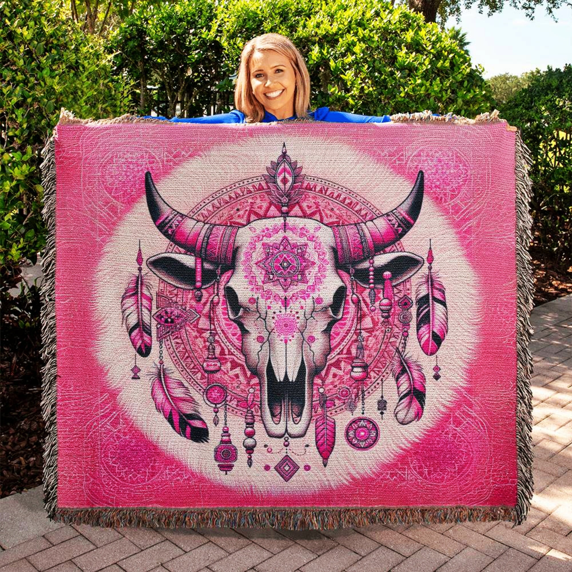 Boho Cow Skull Western Pink Woven Throw