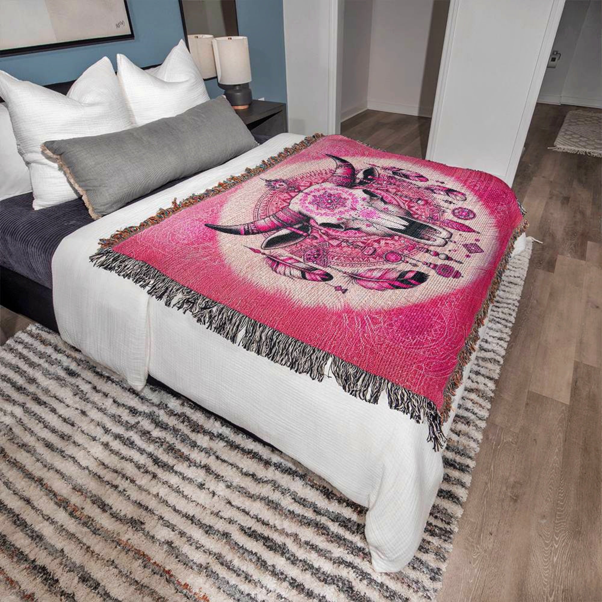 Pink Southwestern Cow Skull Woven Throw Blanket