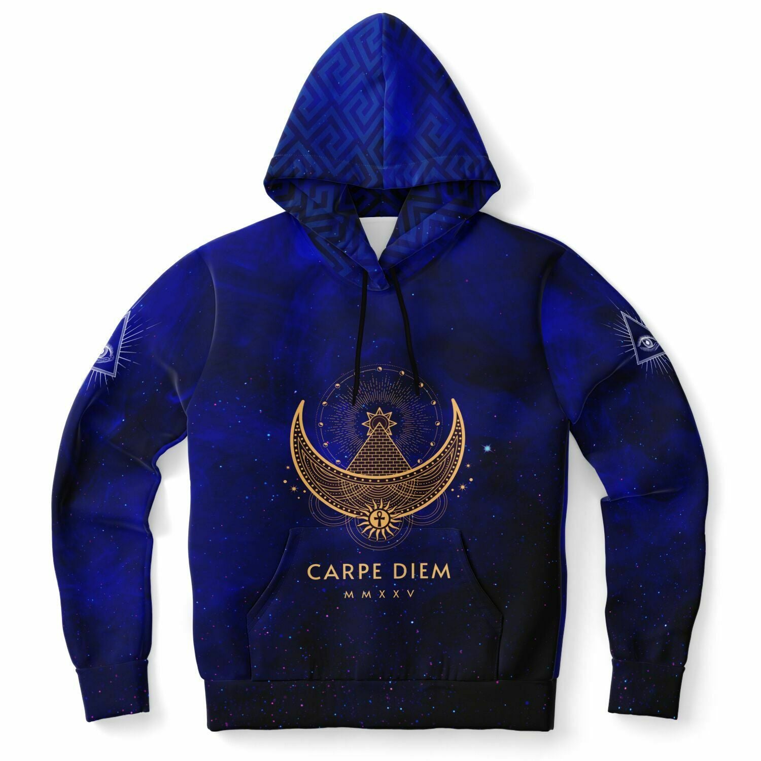 a fashion-forward hoodie featuring symbols such as the crescent moon, the Eye of Providence, and Masonic imagery, designed to resonate with celebrity streetwear trends.