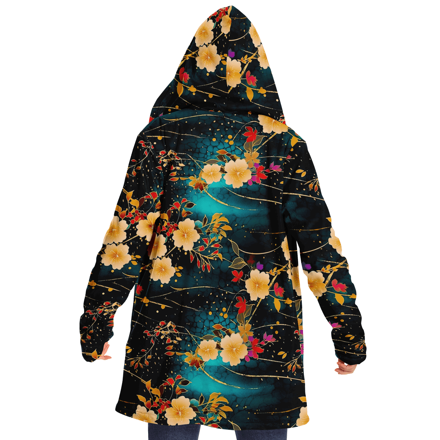 Chiyogami Flowers Print Luxury Cloak with Hood - ELIVIOR