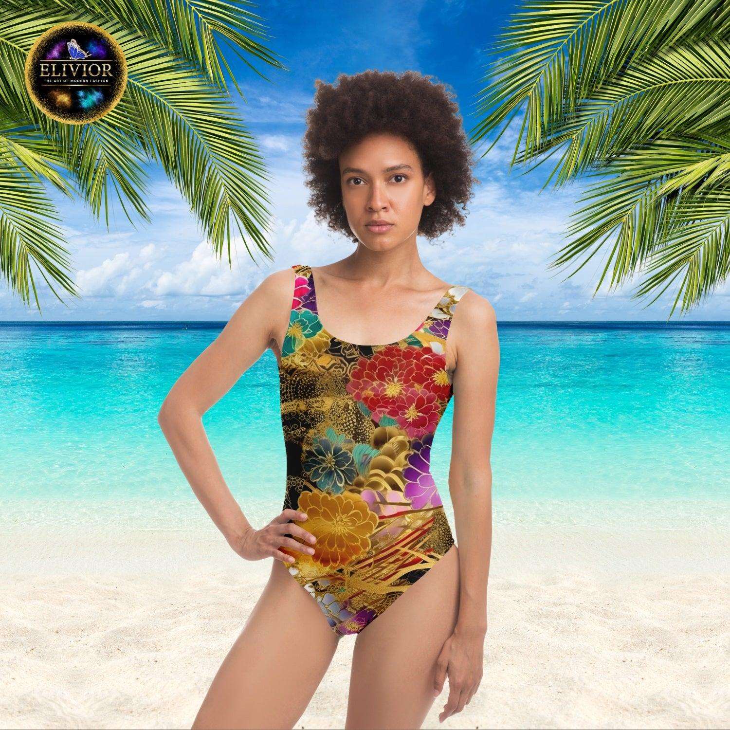 Chiyogami Flowers Print One Piece Swimsuit - ELIVIOR