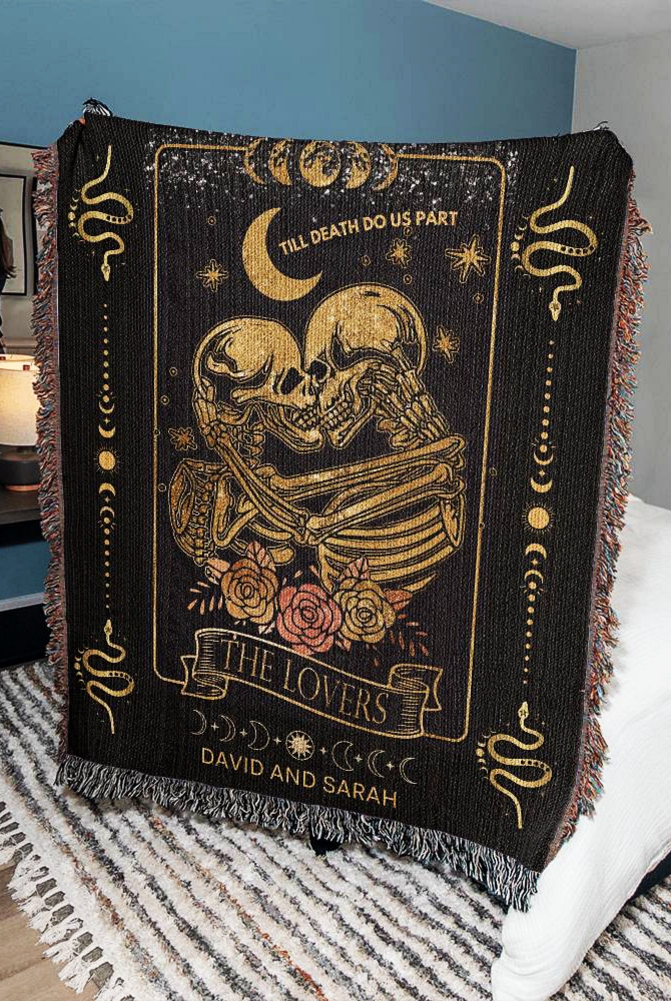 The Lovers Tarot Personalized Woven Gothic Wedding Blanket Anniversary Gift