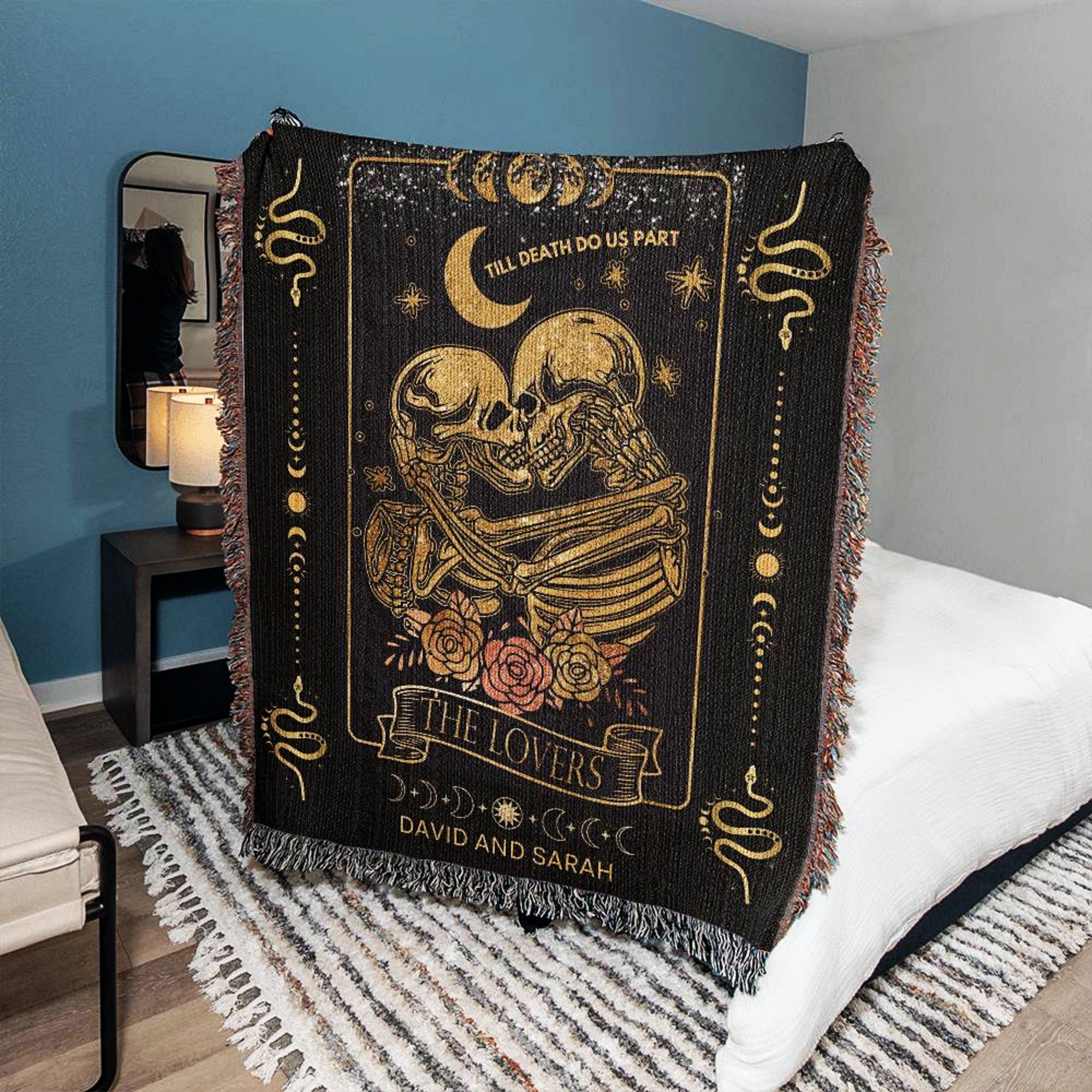 The Lovers Tarot Personalized Woven Gothic Wedding Blanket Anniversary Gift