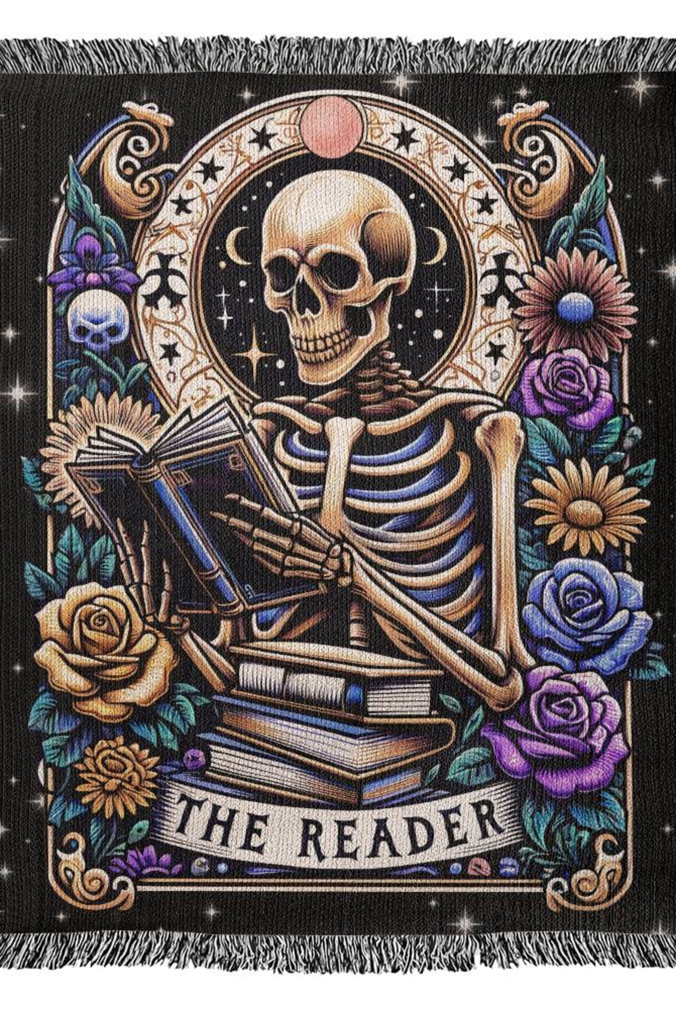 The Reader Tarot Card Skeleton Woven Blanket