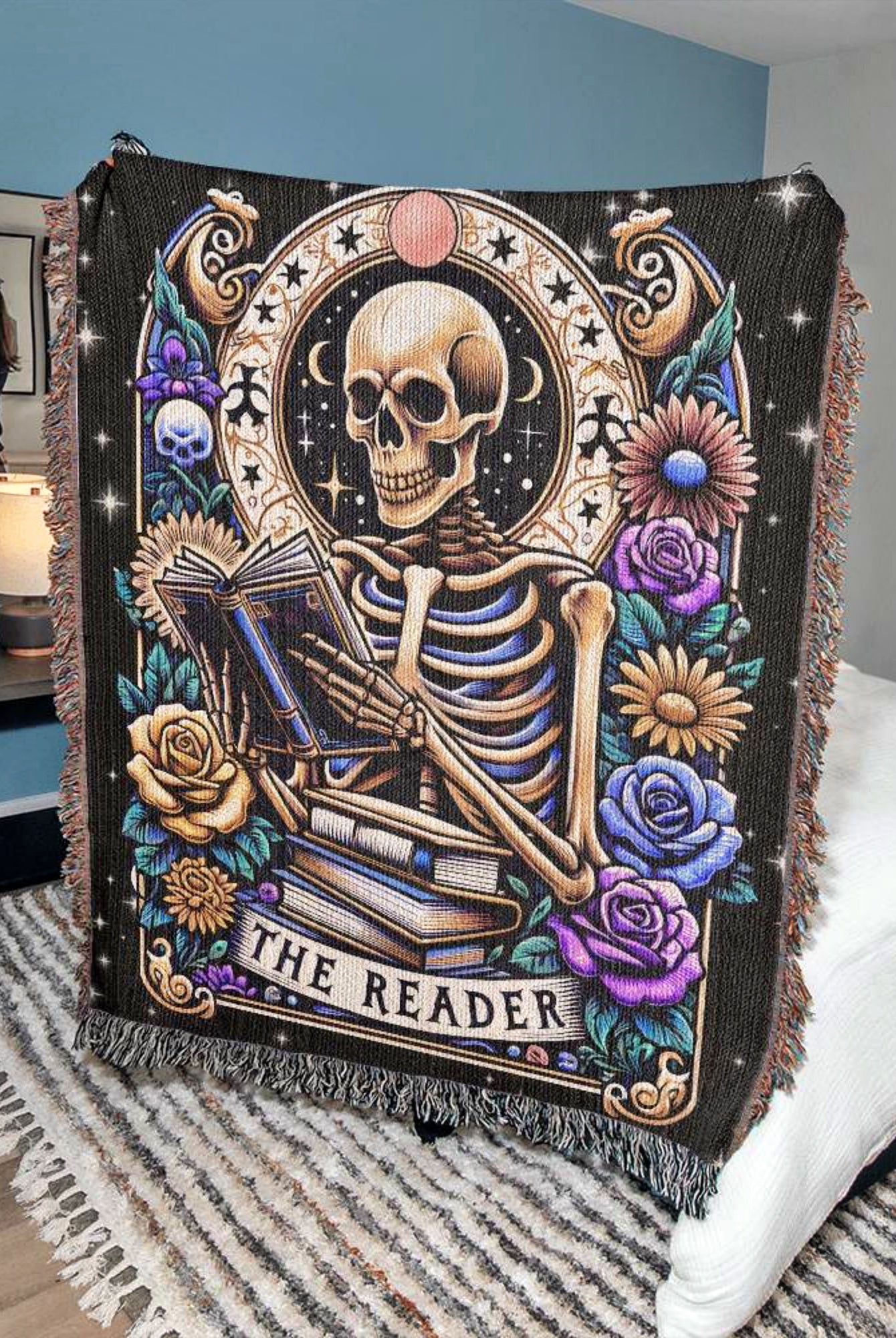 The Reader Tarot Skeleton Woven Blanket