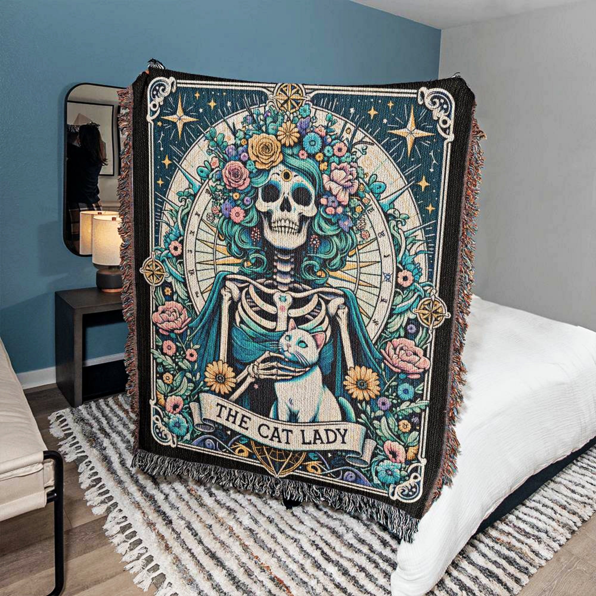 The Cat Lady Tarot Card Vintage Woven Blanket