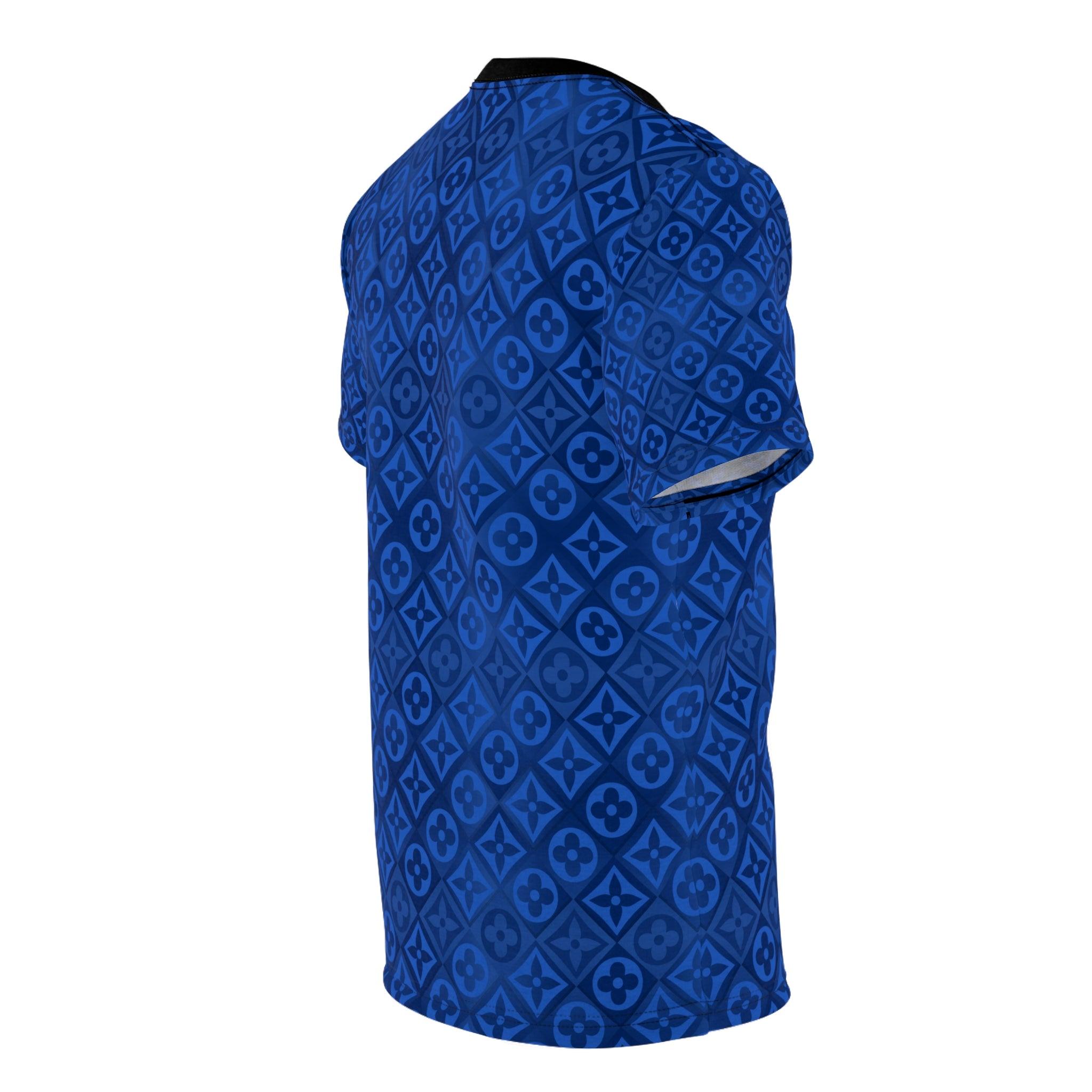 Blue Diamond Checkered Floral Monogram T-Shirt - ELIVIOR