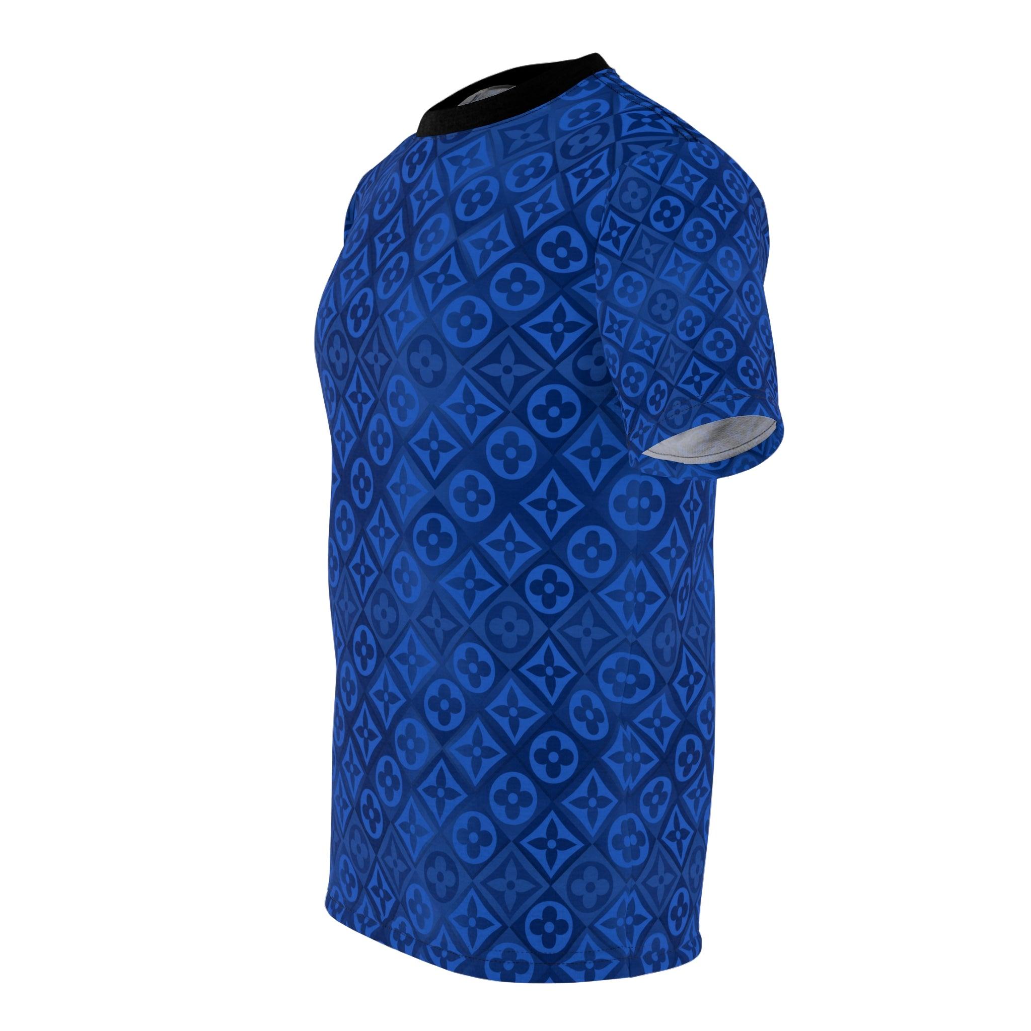 Blue Diamond Checkered Floral Monogram T-Shirt - ELIVIOR