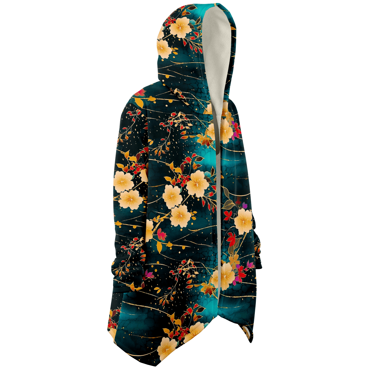 Chiyogami Flowers Print Luxury Cloak with Hood - ELIVIOR