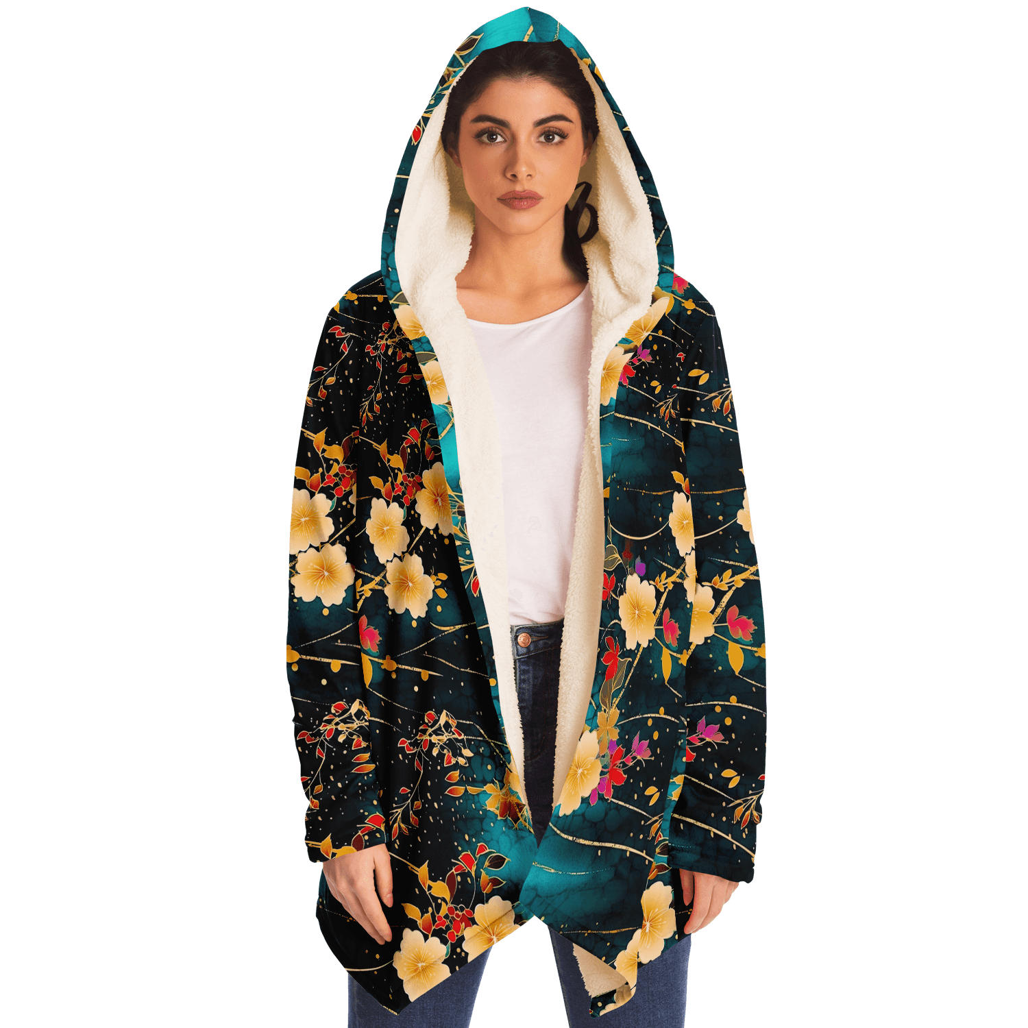 Chiyogami Flowers Print Luxury Cloak with Hood - ELIVIOR