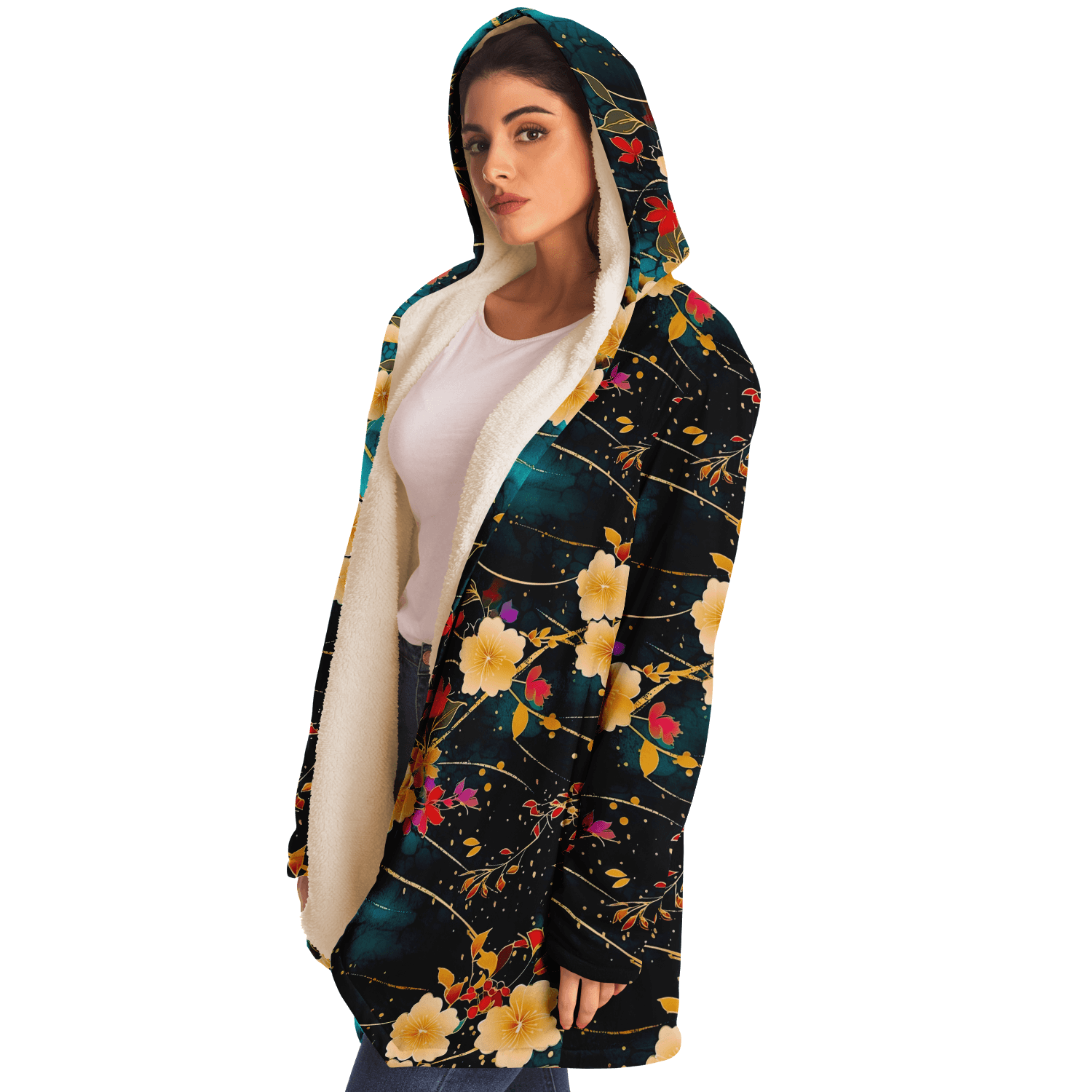 Chiyogami Flowers Print Luxury Cloak with Hood - ELIVIOR