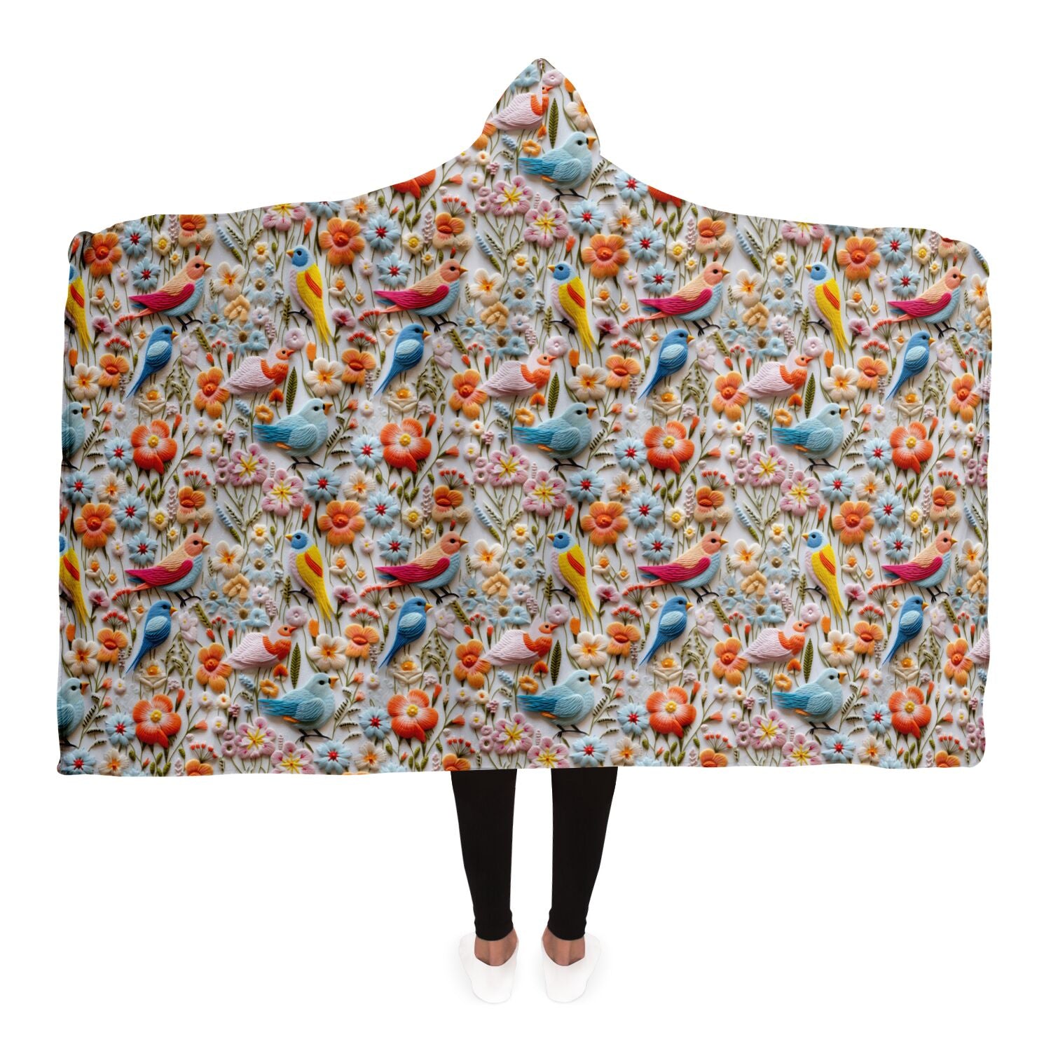 Floral Birds Embroidery Print Wearable Blanket