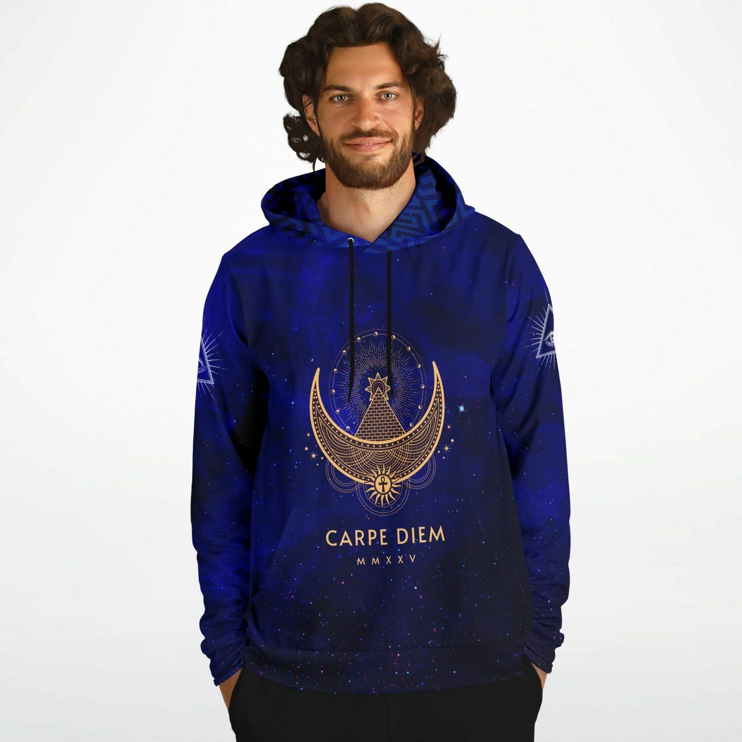 Elivior's fashionable hoodie features a crescent moon alongside the Eye of Providence, incorporating Illuminati and Masonic symbols, making it a popular choice among celebrity streetwear enthusiasts