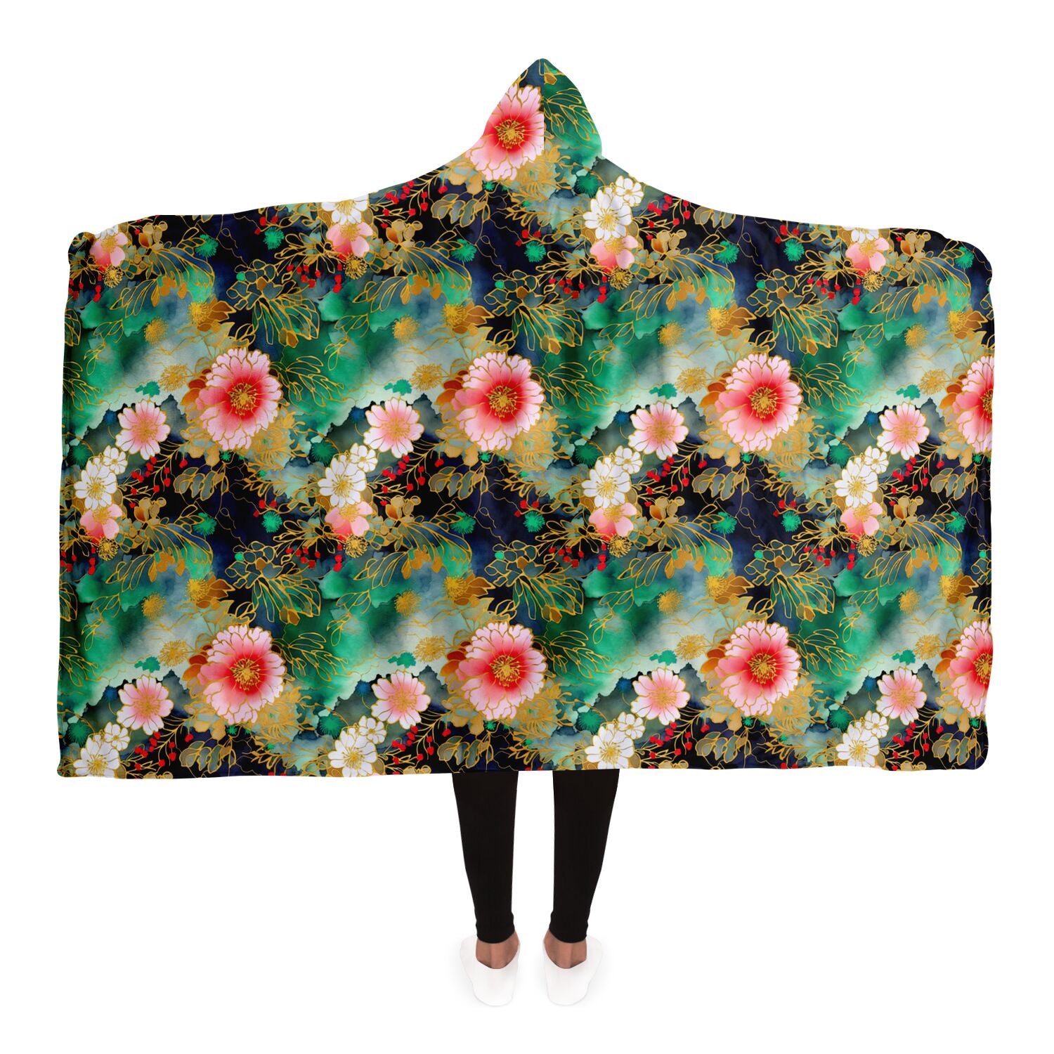 Japanese floral art hoodie blanket by Elivior
