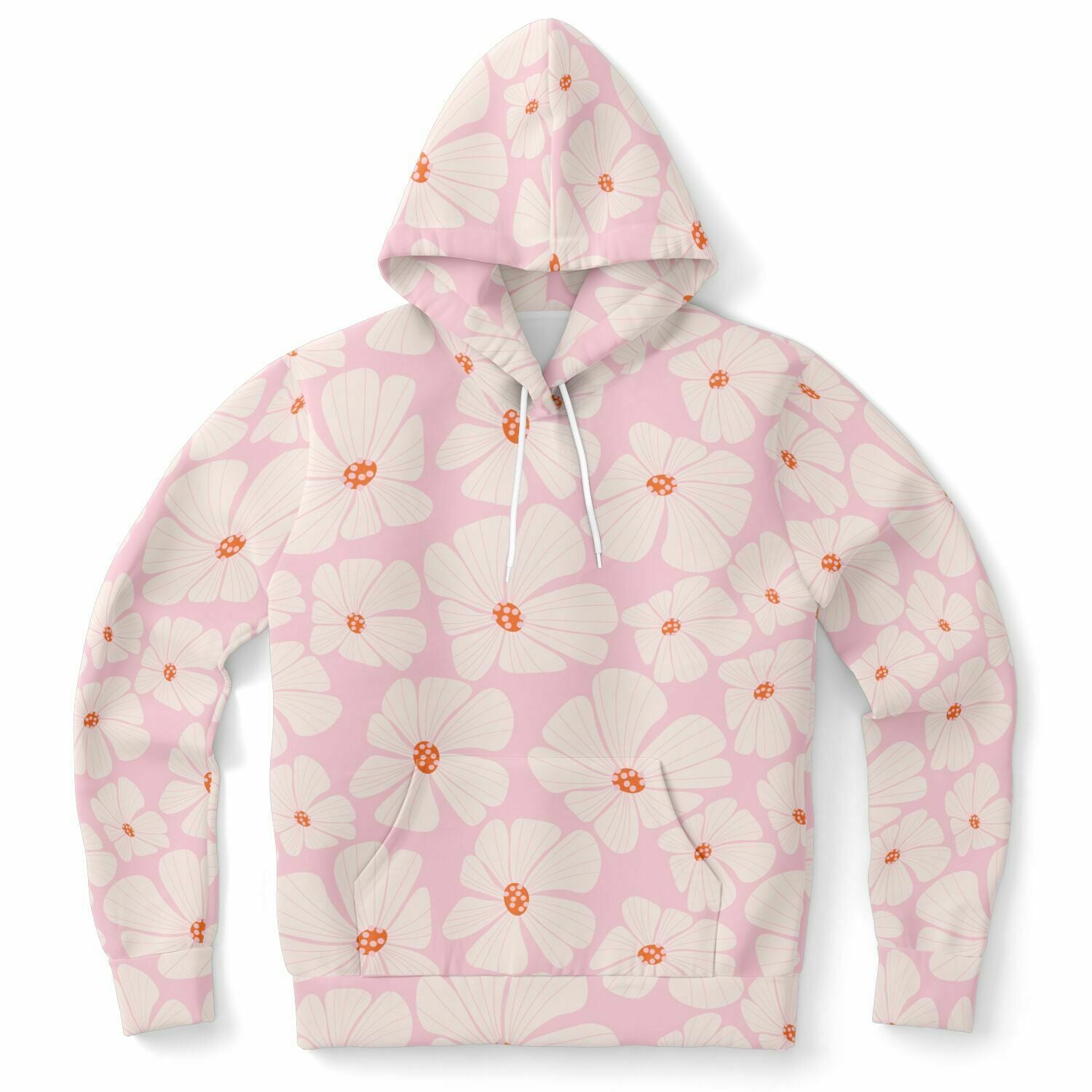 trendy pastel pink fashion hoodie with retro flowers print