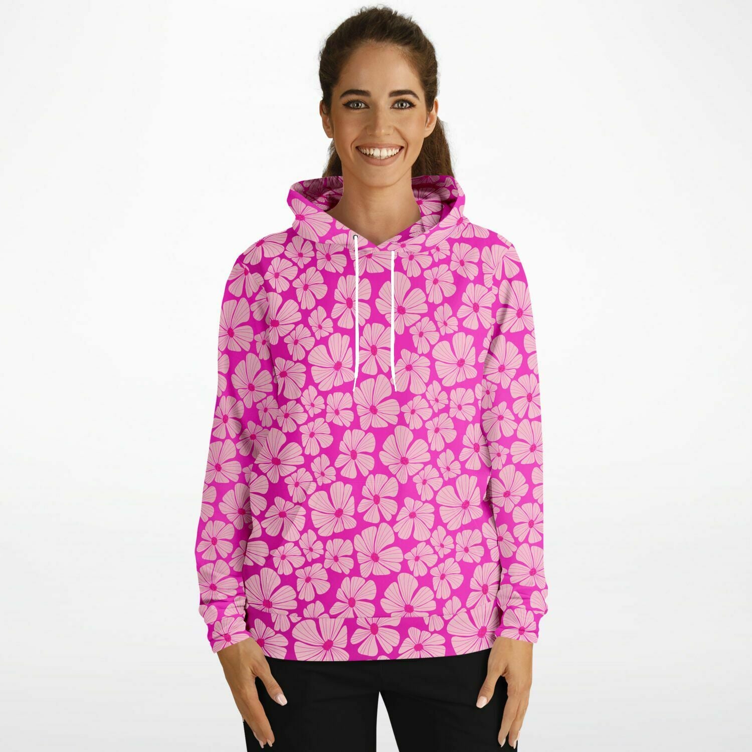hot pink hoodie with retro flowers print