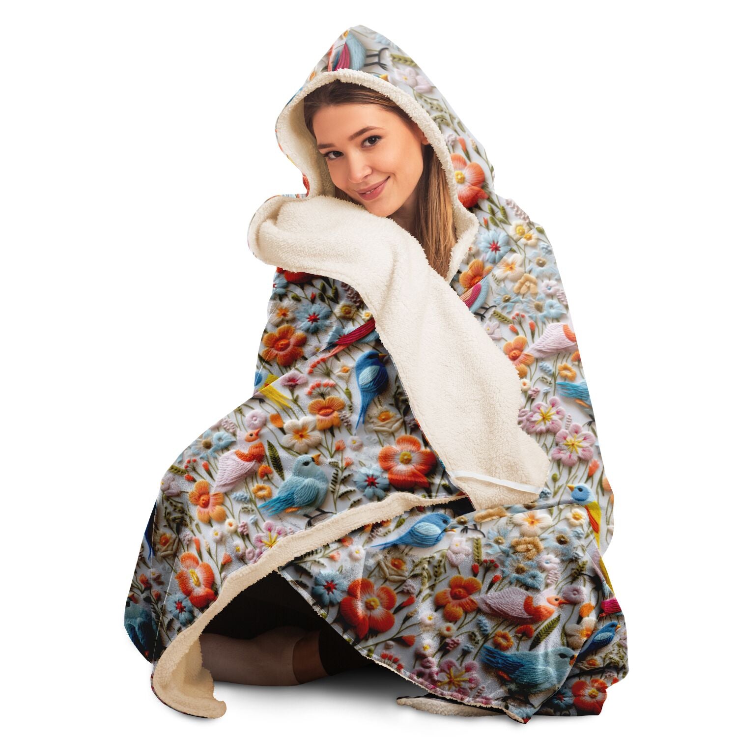 wearable blanket with floral birds print