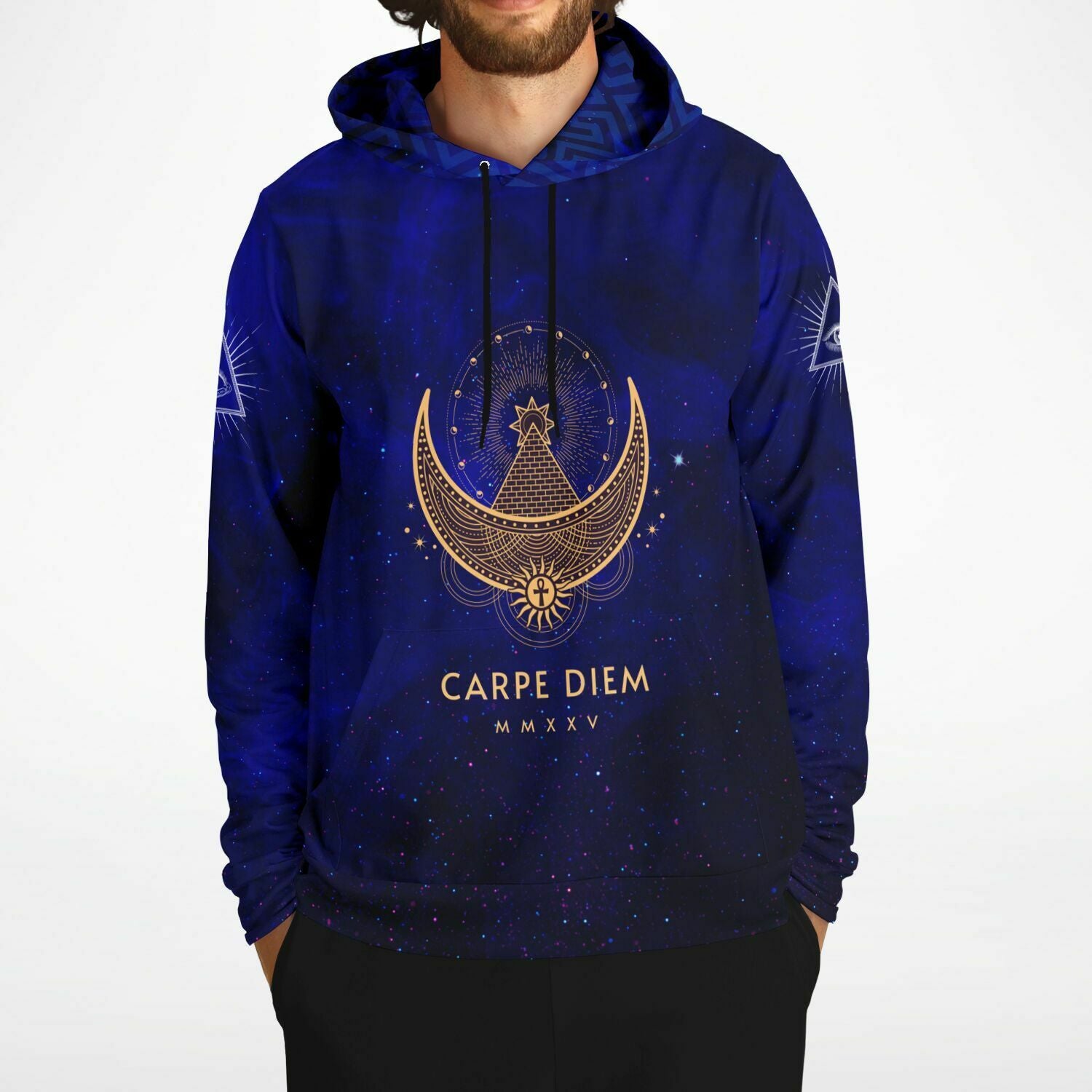 Elivior's fashion hoodie features a crescent moon alongside the Eye of Providence, incorporating Illuminati and Masonic symbols, creating a trendy piece of celebrity streetwear.