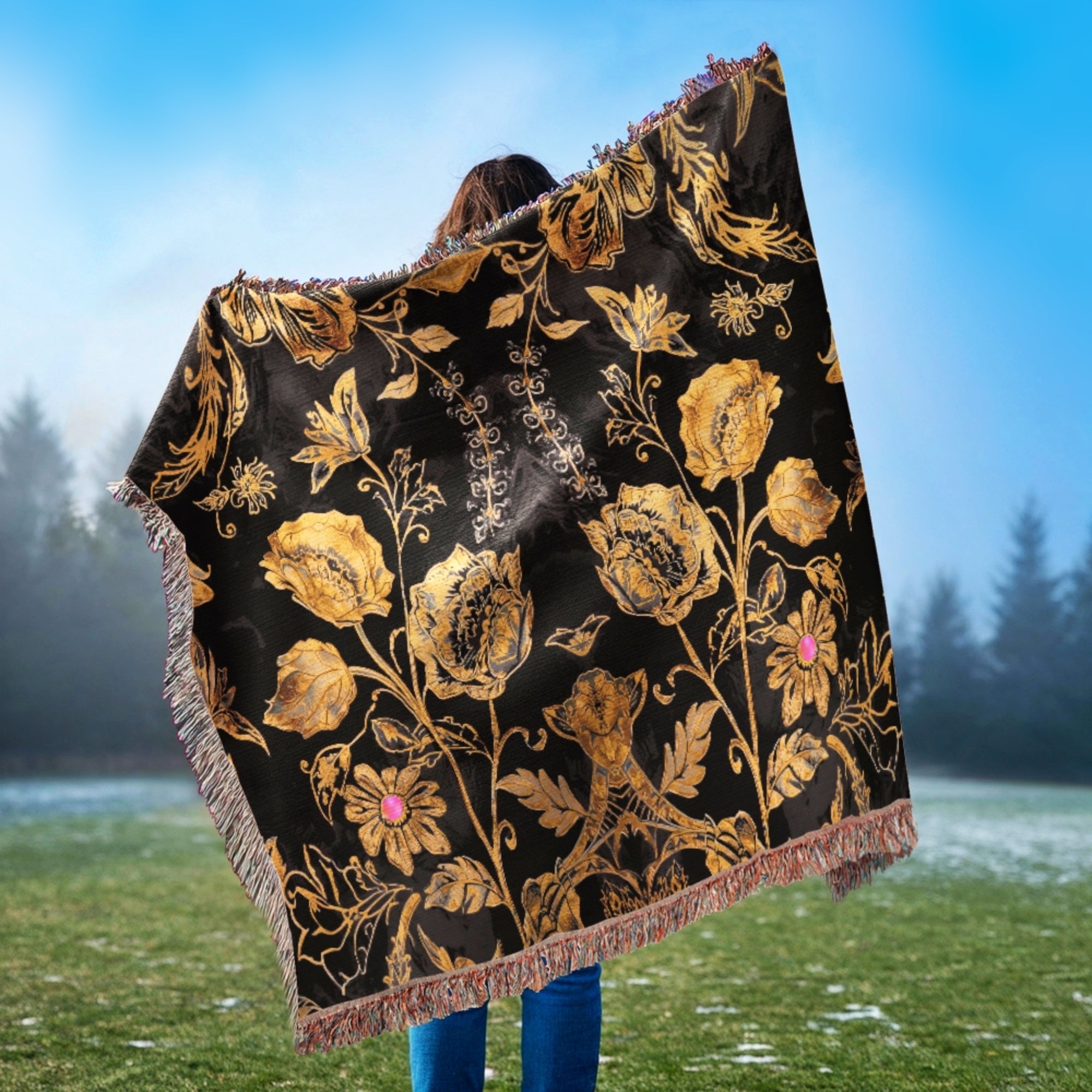 Luxury Black Gold Boho Floral Woven Cotton Blanket Throw