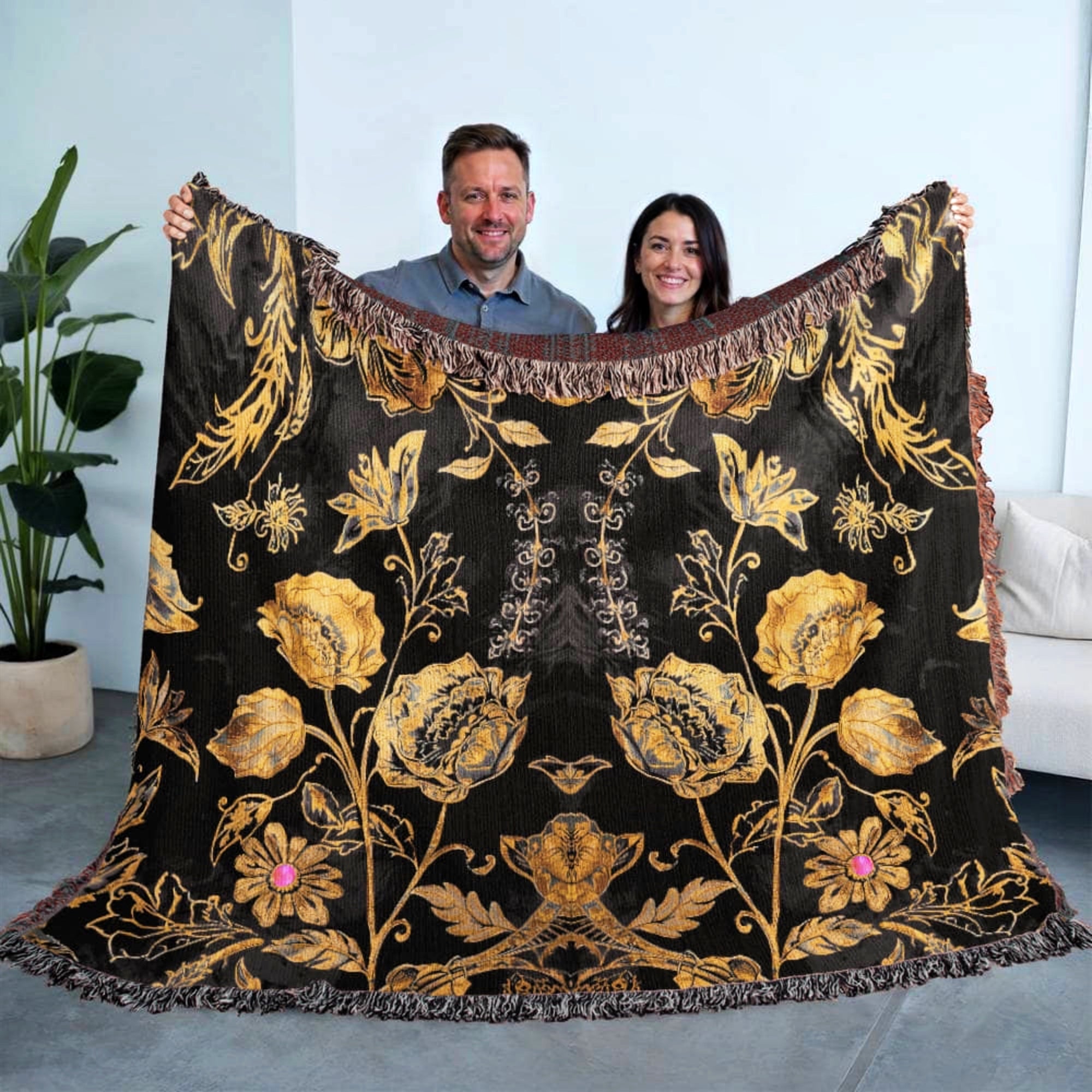 Luxury Black Gold Boho Floral Woven Cotton Blanket Throw