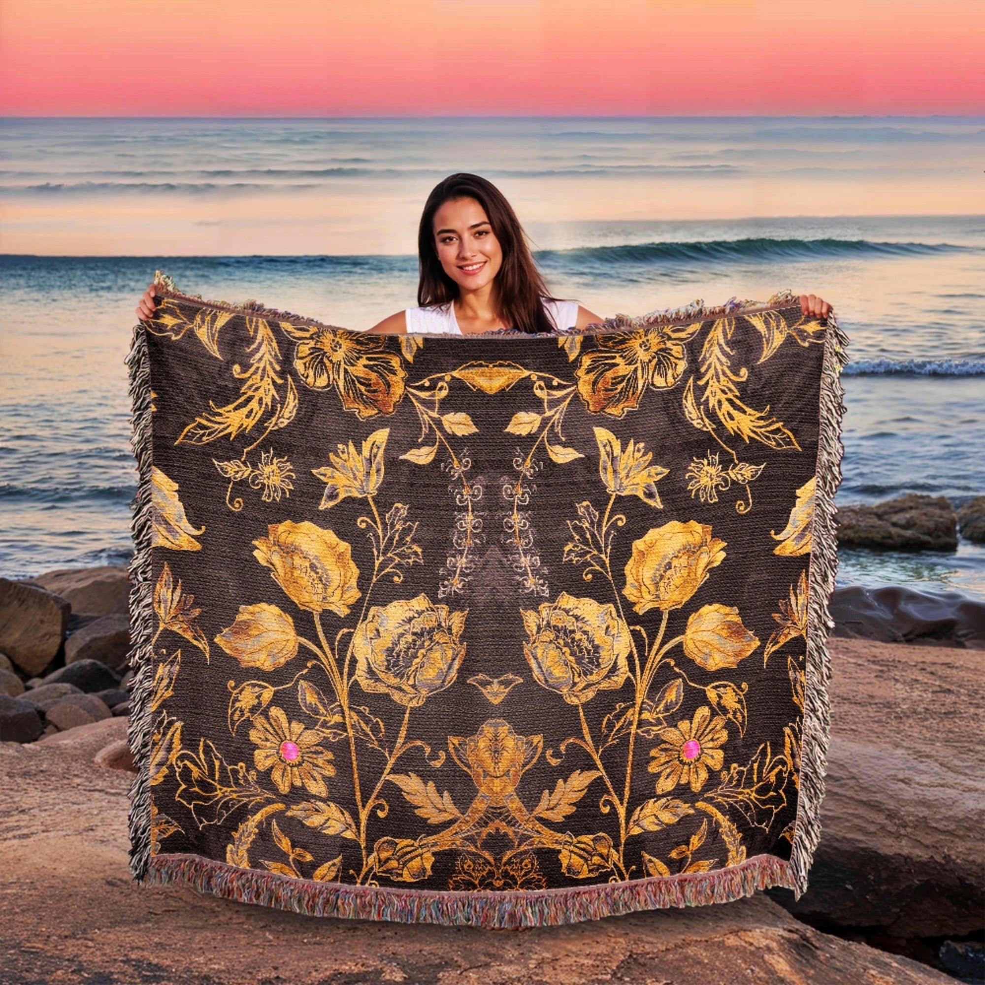 Luxury Boho Floral Woven Cotton Blanket Throw